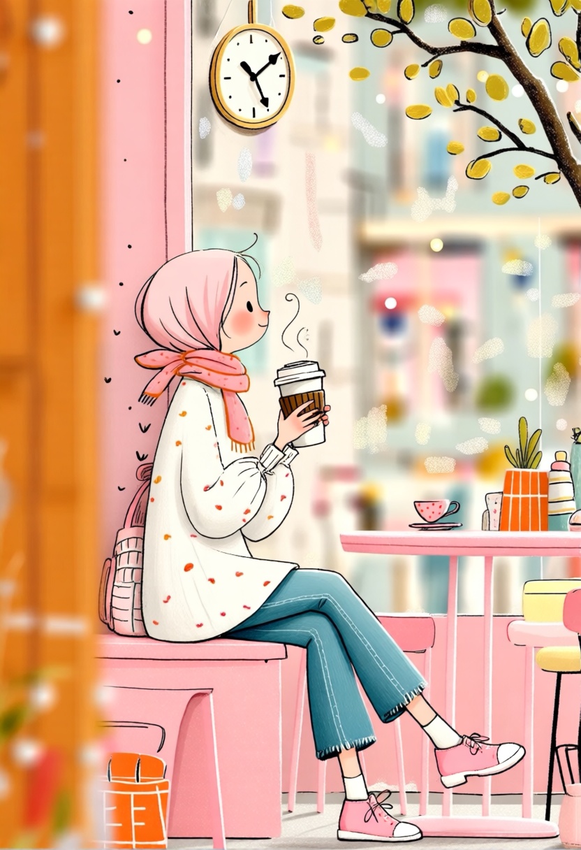 a cer_iamelia style illustration of a girl is seated on a pink stool,  holding a cup of coffee in her right hand. She is w...