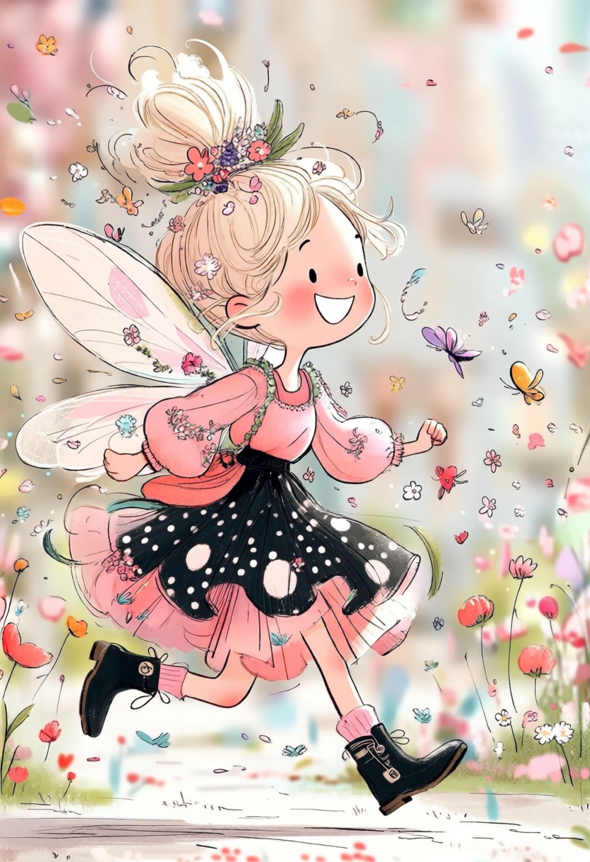 a cer_iamelia style illustration of a joyful girl with flowing blonde hair and a pink dress,  running forward with a big s...