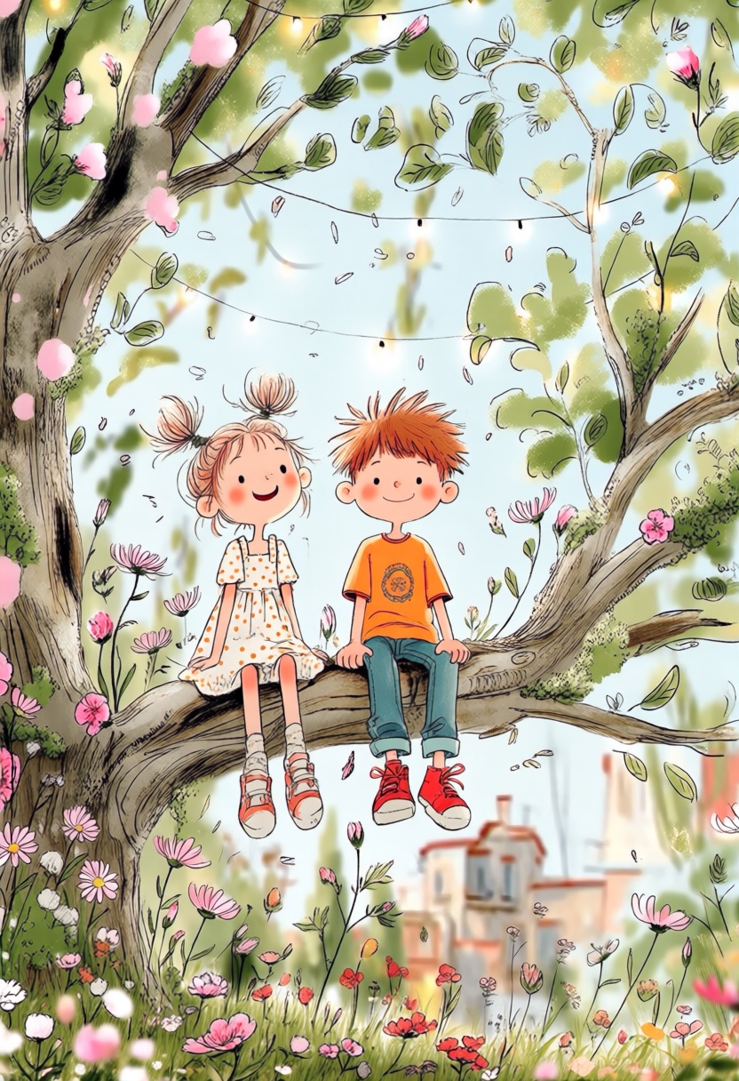 Captured at eye-level,  a cer_iamelia style illustration of a girl and a boy sitting together on a thick,  sturdy tree bra...