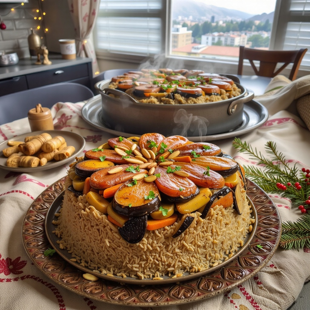 A cinematic,  photo-realistic Christmas Maqluba scene in a warm Israeli home during Christmas,  featuring a beautifully pl...