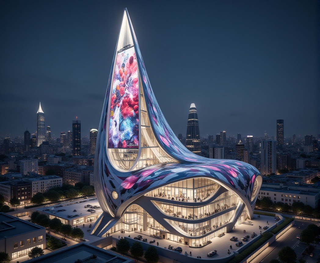 a modern picture,  a hyper-dense futuristic megacity dominated by a breathtaking 900-meter aerodynamic skyscraper,  its en...