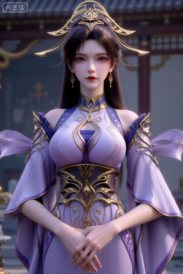 (Masterpiece, best quality, 8K, ultra-detailed:1.3), 1 beautiful ancient Chinese noblewoman with elegant long black hair, wearing exquisite golden hair accessories and dangling earrings. Dressed in luxurious purple hanfu with golden embroidery patterns, wide flowing sleeves, standing with hands gracefully clasped in front. Soft-focus background suggesting traditional architecture. Color palette dominated by royal purple and gold tones, creating an elegant and majestic atmosphere. Centered composition, cinematic lighting, traditional Chinese art style, extremely detailed fabric textures and jewelry.