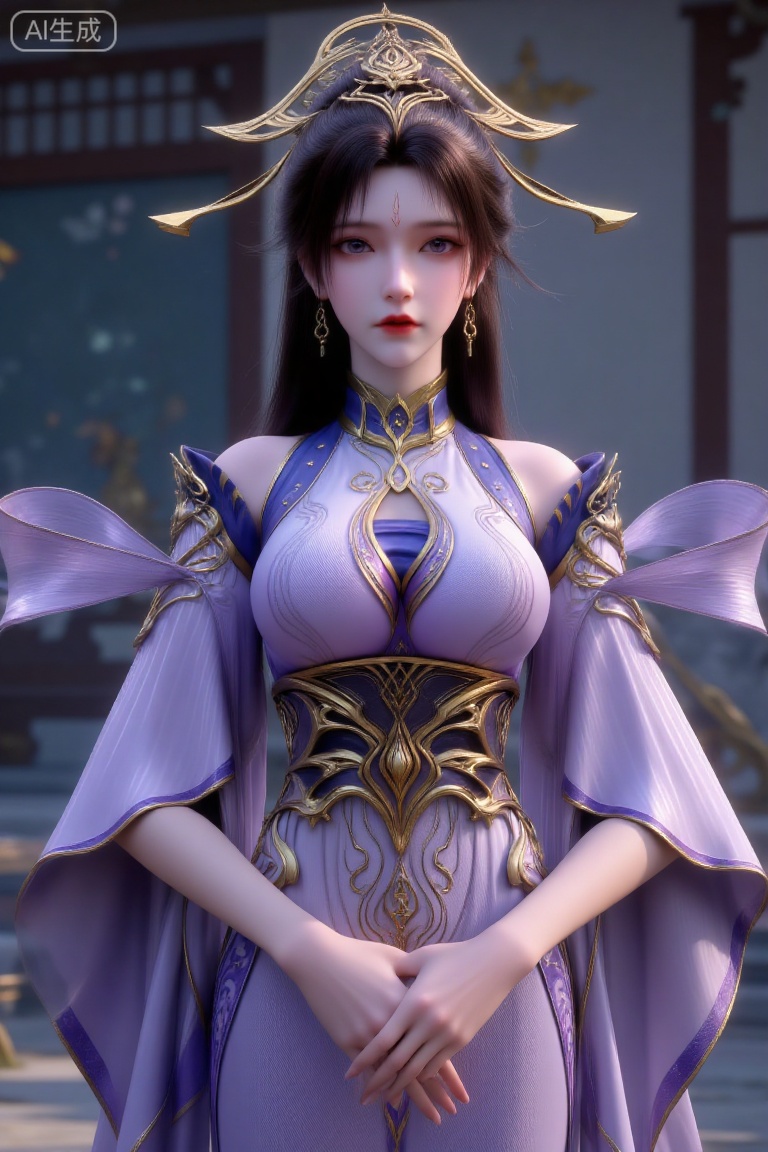 (Masterpiece, best quality, 8K, ultra-detailed:1.3), 1 beautiful ancient Chinese noblewoman with elegant long black hair, wearing exquisite golden hair accessories and dangling earrings. Dressed in luxurious purple hanfu with golden embroidery patterns, wide flowing sleeves, standing with hands gracefully clasped in front. Soft-focus background suggesting traditional architecture. Color palette dominated by royal purple and gold tones, creating an elegant and majestic atmosphere. Centered composition, cinematic lighting, traditional Chinese art style, extremely detailed fabric textures and jewelry.