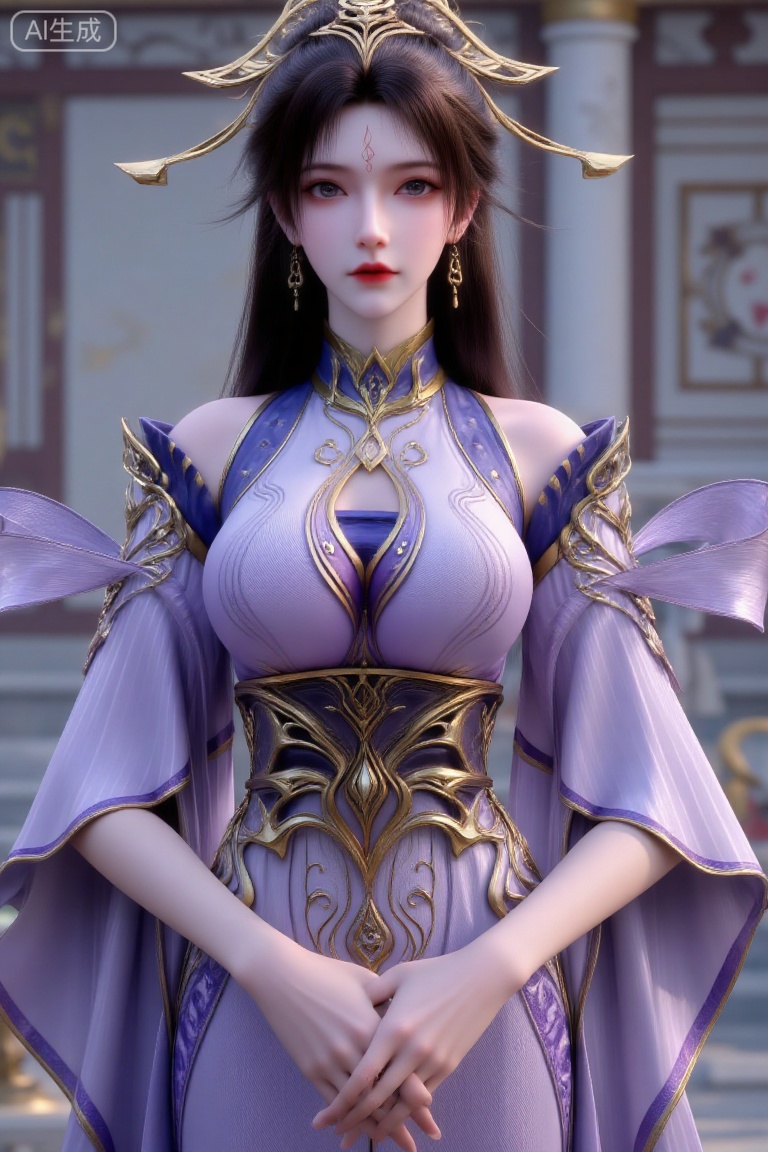 (Masterpiece, best quality, 8K, ultra-detailed:1.3), 1 beautiful ancient Chinese noblewoman with elegant long black hair, wearing exquisite golden hair accessories and dangling earrings. Dressed in luxurious purple hanfu with golden embroidery patterns, wide flowing sleeves, standing with hands gracefully clasped in front. Soft-focus background suggesting traditional architecture. Color palette dominated by royal purple and gold tones, creating an elegant and majestic atmosphere. Centered composition, cinematic lighting, traditional Chinese art style, extremely detailed fabric textures and jewelry.