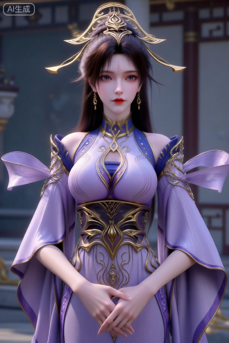 (Masterpiece, best quality, 8K, ultra-detailed:1.3), 1 beautiful ancient Chinese noblewoman with elegant long black hair, wearing exquisite golden hair accessories and dangling earrings. Dressed in luxurious purple hanfu with golden embroidery patterns, wide flowing sleeves, standing with hands gracefully clasped in front. Soft-focus background suggesting traditional architecture. Color palette dominated by royal purple and gold tones, creating an elegant and majestic atmosphere. Centered composition, cinematic lighting, traditional Chinese art style, extremely detailed fabric textures and jewelry.