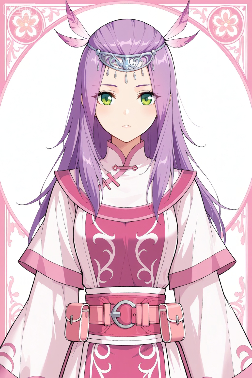 
Random scene,Random scene,
upper body,looking at viewer,
小医仙,masterpiece,best quality,official art,extremely detailed CG unity 8k wallpaper,1girl,solo,purple hair, white pink,, long hair, straight hair, purple hair, side bangs, hair ornament, forehead circlet, green eyes,traditional robe, robe circlet, pink and white outfit, wide sleeves, layered clothing, waist sash, pink belt, pouch on belt, ornate patterns, flowy clothes, feather hair accessory, fantasy outfit,