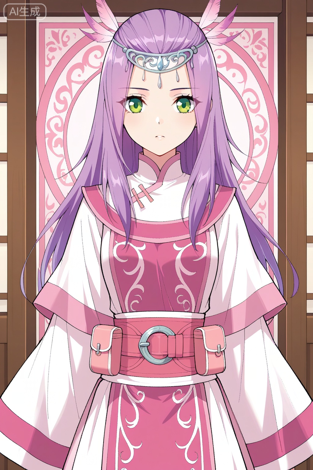
Random scene,Random scene,
upper body,looking at viewer,
小医仙,masterpiece,best quality,official art,extremely detailed CG unity 8k wallpaper,1girl,solo,purple hair, white pink,, long hair, straight hair, purple hair, side bangs, hair ornament, forehead circlet, green eyes,traditional robe, robe circlet, pink and white outfit, wide sleeves, layered clothing, waist sash, pink belt, pouch on belt, ornate patterns, flowy clothes, feather hair accessory, fantasy outfit,