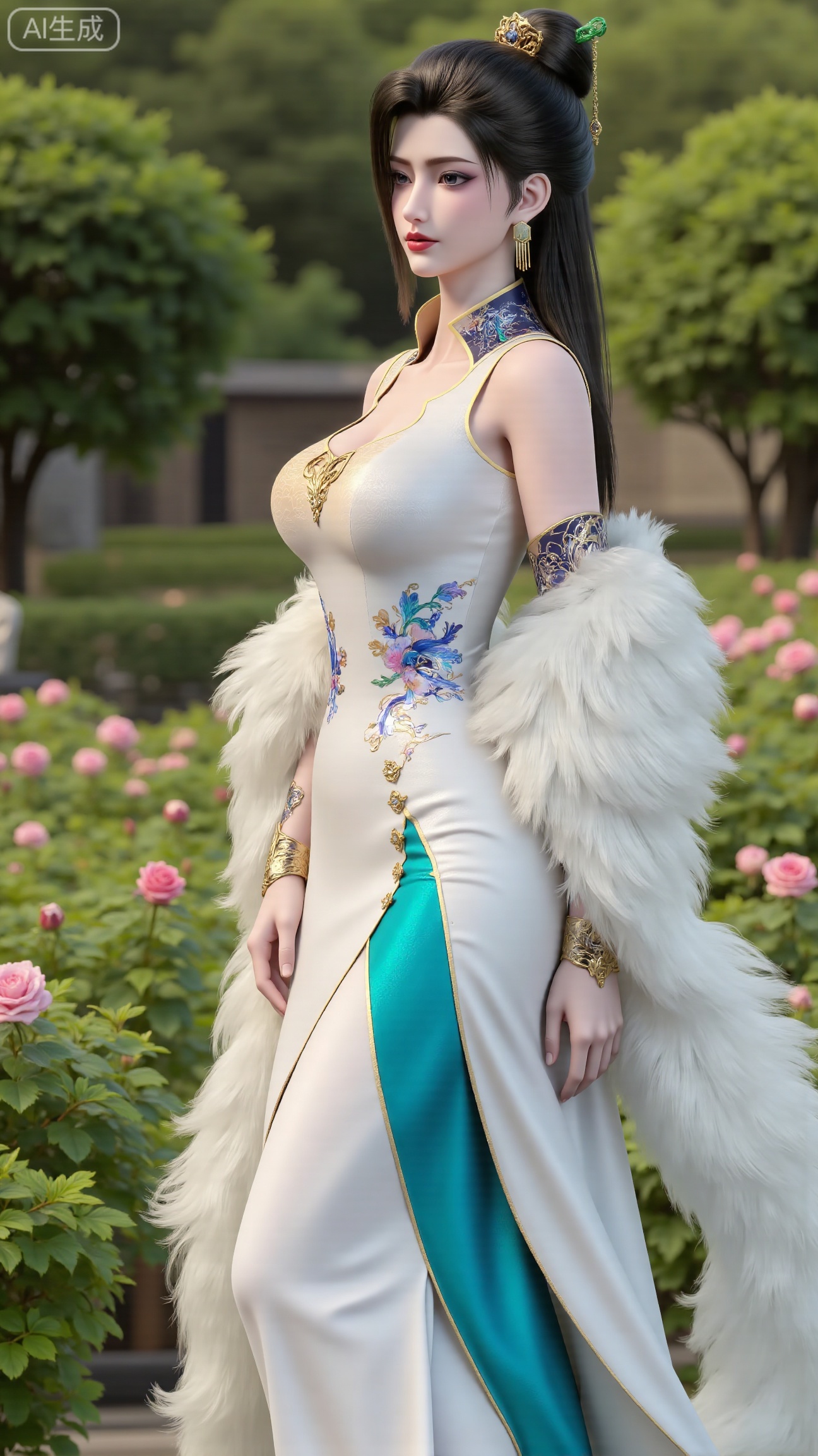 (masterpiece:1.2),best quality,,A woman adorned in traditional Chinese attire,( long dress,black long hair),featuring a flowing robe with intricate embroidery and floral accents. A garden filled with pink roses and lush greenery. Soft pastel hues of white,blue,and green,creating a serene atmosphere. Photorealistic photography.,(huge breasts:2.99),(full breasts:2.99),, , 
,Xbigbreasts,XmupeilingXYH2,XmuplXYH,XmupeilingXYH,XmuplXYH,Xchangtui,Xxiao2chu,Xhuoyuner2,Xyaoxx