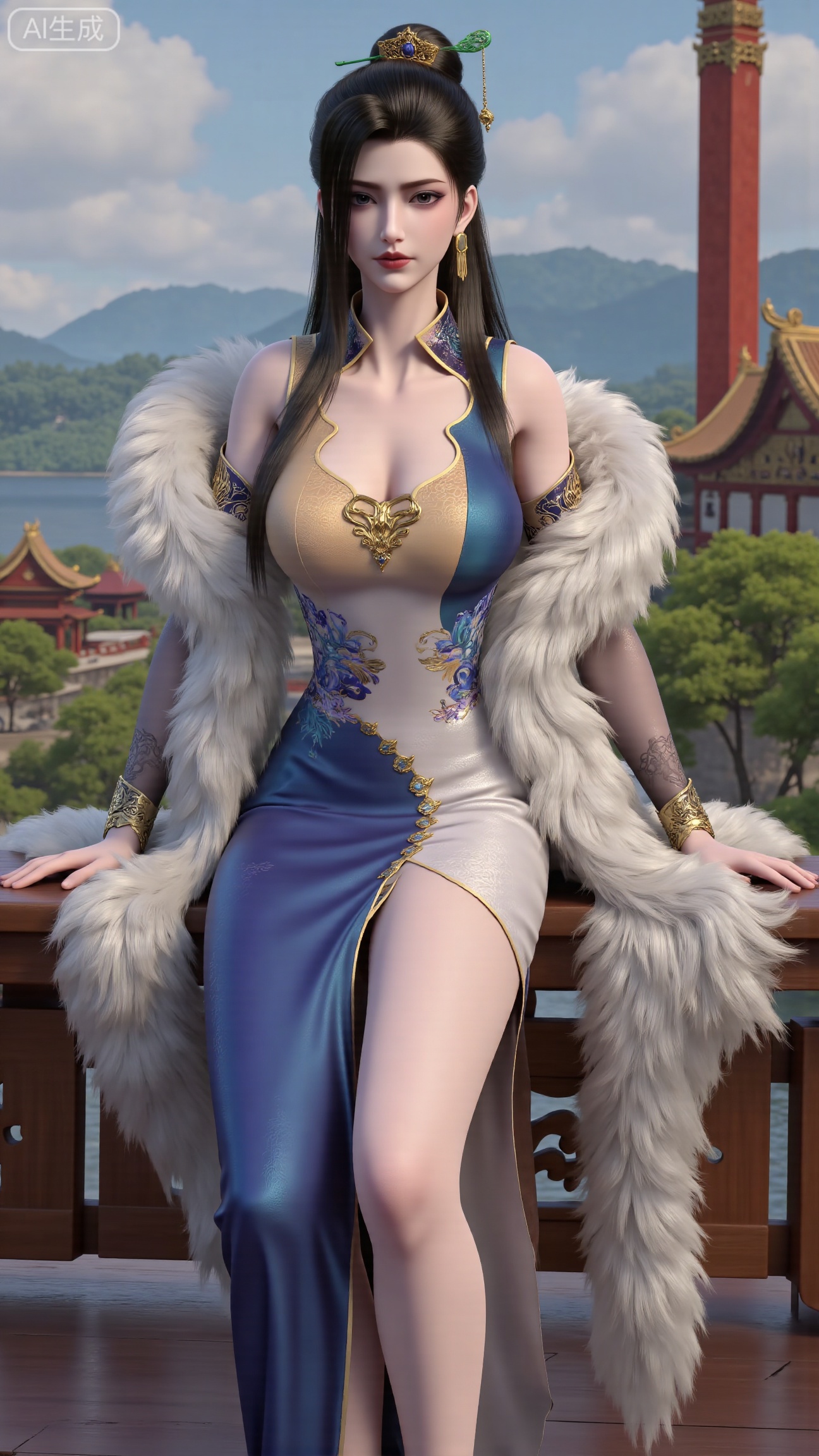 (masterpiece, best quality:1.2),1 girl, solo, long hair, black hair, hair accessories, clothing, cleavage cuts, long dress, jewelry, upper body, earrings. Background is outdoor, sky, clouds, water, trees, architecture, landscape, lantern, mountain, dragon, architecture, bridge, east Asian architecture, fog, pagoda,,(huge breasts:2.99),(full breasts:2.99),, , 
,Xbigbreasts,XmupeilingXYH2,XmuplXYH,XmupeilingXYH,XmuplXYH,Xchangtui,Xxiao2chu,Xhuoyuner2,Xyaoxx
