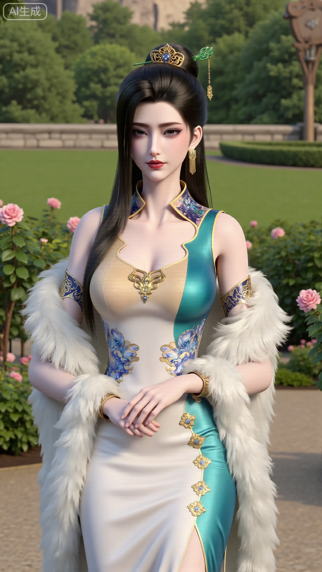 (masterpiece:1.2),best quality,,A woman adorned in traditional Chinese attire,( long dress,black long hair),featuring a flowing robe with intricate embroidery and floral accents. A garden filled with pink roses and lush greenery. Soft pastel hues of white,blue,and green,creating a serene atmosphere. Photorealistic photography.,(huge breasts:2.99),(full breasts:2.99),, , 
,Xbigbreasts,XmupeilingXYH2,XmuplXYH,XmupeilingXYH,XmuplXYH,Xchangtui,Xxiao2chu,Xhuoyuner2,Xyaoxx