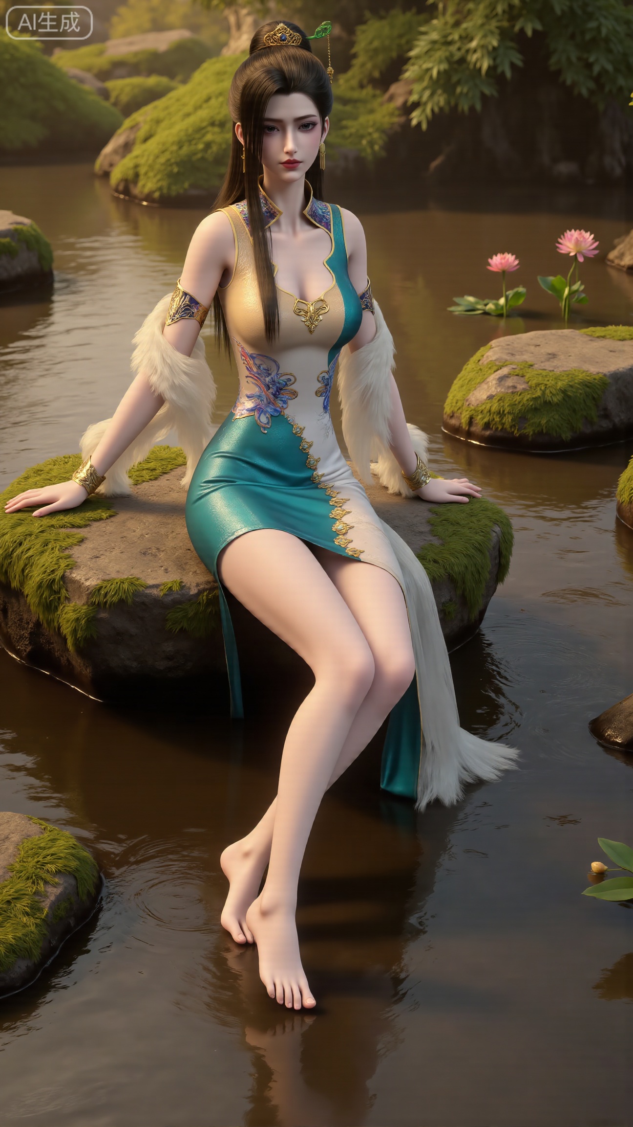 (masterpiece:1.3), ultra-detailed, 8k, photorealistic, best quality, cinematic lighting, volumetric sunlight, soft shadows, subsurface scattering, depth of field, A stunning young woman sits gracefully barefoot on a moss-covered rock beside a crystal-clear stream in a tranquil forest. The sunlight filters through the trees, casting dappled golden light on her smooth skin and the rippling water. She wears an exquisite long dress with fine pink and gold embroidery across the chest and short sleeves. Her long, dark hair flows naturally over her shoulders, softly illuminated by the warm light. Her bare feet touch the cool moss and shallow water, adding a sense of intimacy and realism. One hand rests gently on her hip, while the other holds a blooming lotus flower, her expression calm and serene. Mist rises gently from the water, with reflections dancing on the surface, creating a peaceful, ethereal atmosphere. (background with mossy stones, flowing stream, forest sunlight, soft haze, and gentle reflections:1.6), (realistic skin texture:1.3), (natural color tones:1.3), (film look:1.2) (huge breasts:2.99),(full breasts:2.99), , 
,Xbigbreasts,XmupeilingXYH2,XmuplXYH,XmupeilingXYH,XmuplXYH,Xchangtui,Xxiao2chu,Xhuoyuner2,Xyaoxx