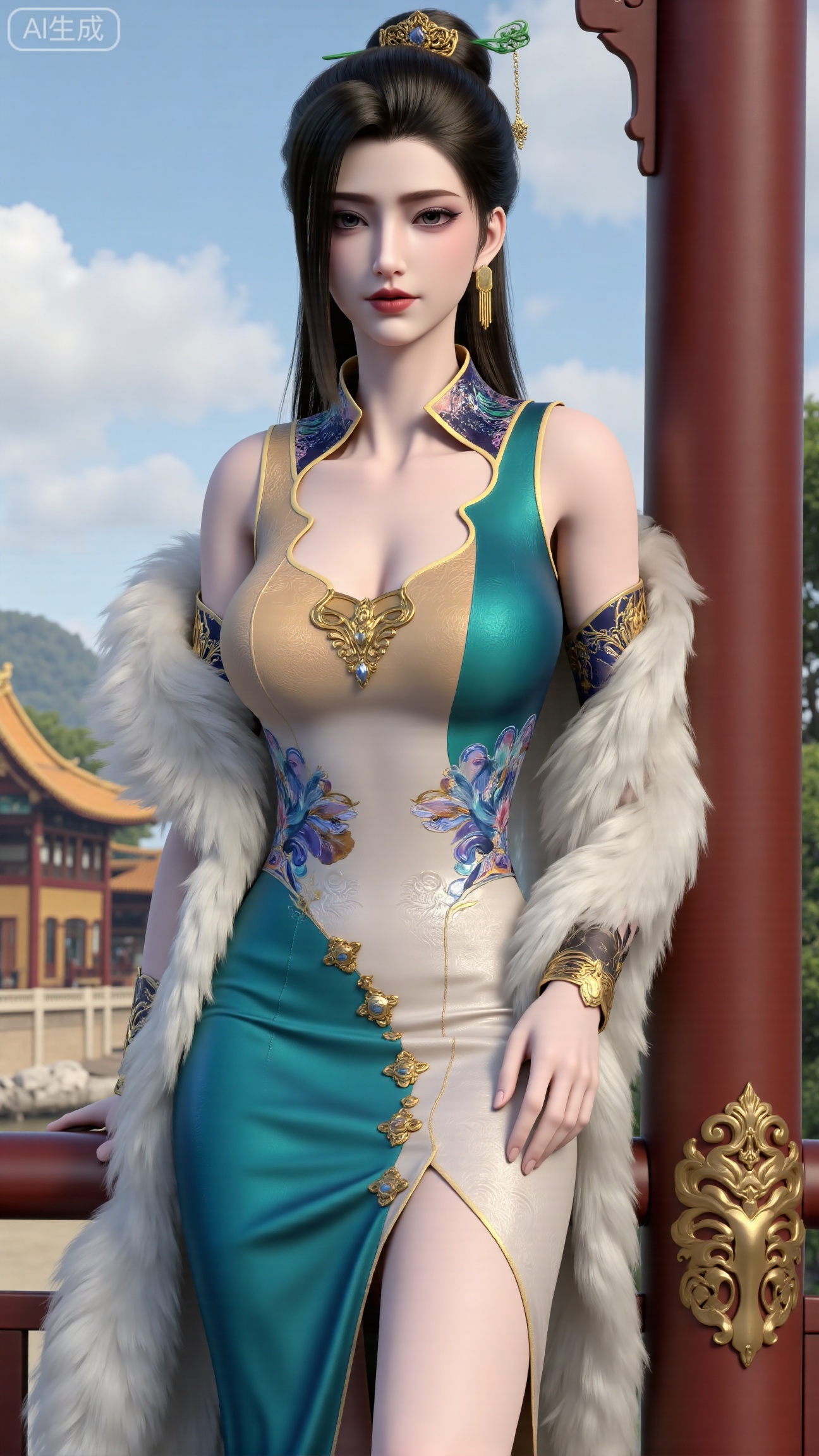 (masterpiece, best quality:1.2),1 girl, solo, long hair, black hair, hair accessories, clothing, cleavage cuts, long dress, jewelry, upper body, earrings. Background is outdoor, sky, clouds, water, trees, architecture, landscape, lantern, mountain, dragon, architecture, bridge, east Asian architecture, fog, pagoda,,(huge breasts:2.99),(full breasts:2.99),, , 
,Xbigbreasts,XmupeilingXYH2,XmuplXYH,XmupeilingXYH,XmuplXYH,Xchangtui,Xxiao2chu,Xhuoyuner2,Xyaoxx