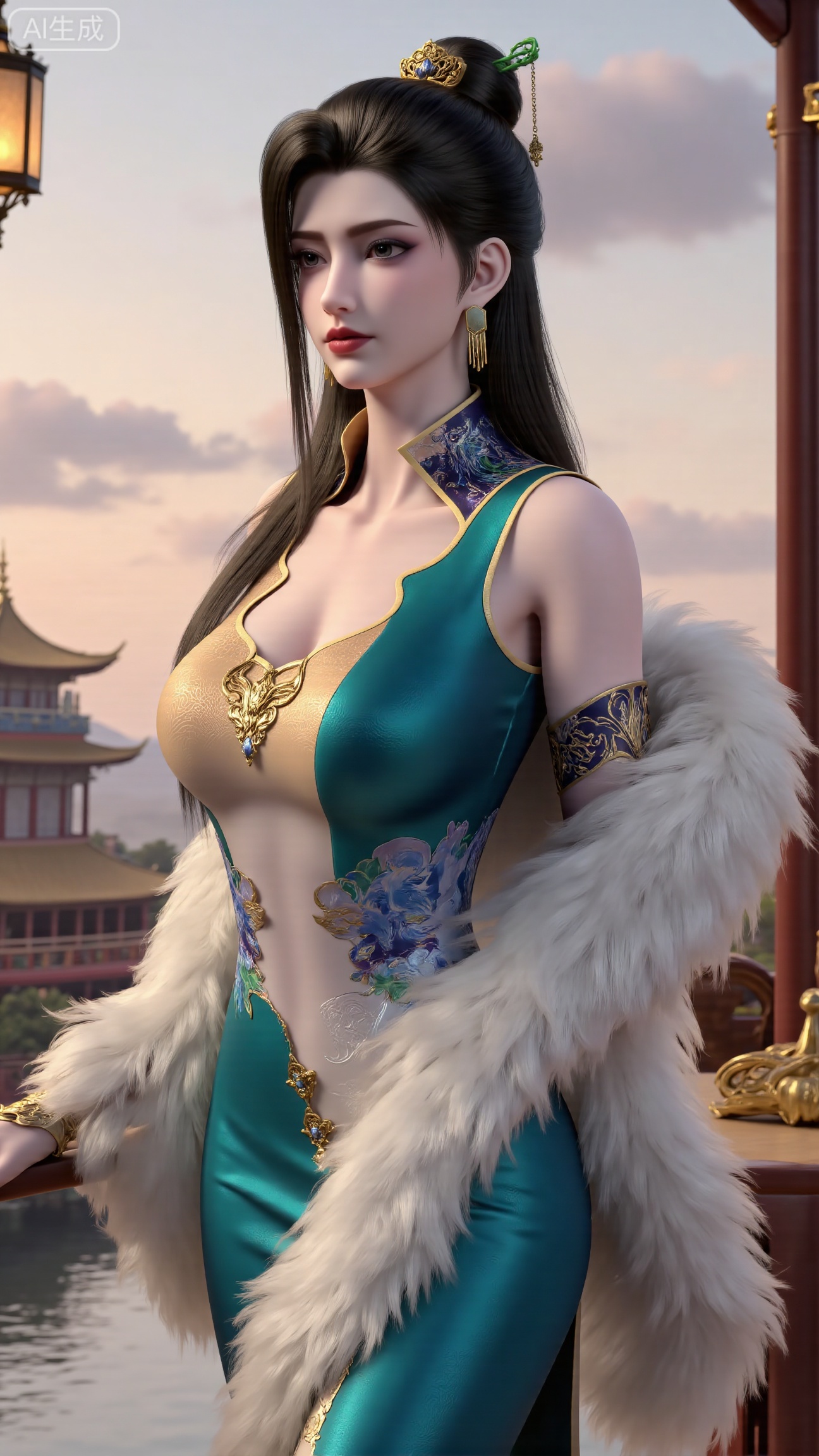 (masterpiece, best quality:1.2),1 girl, solo, long hair, black hair, hair accessories, clothing, cleavage cuts, long dress, jewelry, upper body, earrings. Background is outdoor, sky, clouds, water, trees, architecture, landscape, lantern, mountain, dragon, architecture, bridge, east Asian architecture, fog, pagoda,,(huge breasts:2.99),(full breasts:2.99),, , 
,Xbigbreasts,XmupeilingXYH2,XmuplXYH,XmupeilingXYH,XmuplXYH,Xchangtui,Xxiao2chu,Xhuoyuner2,Xyaoxx