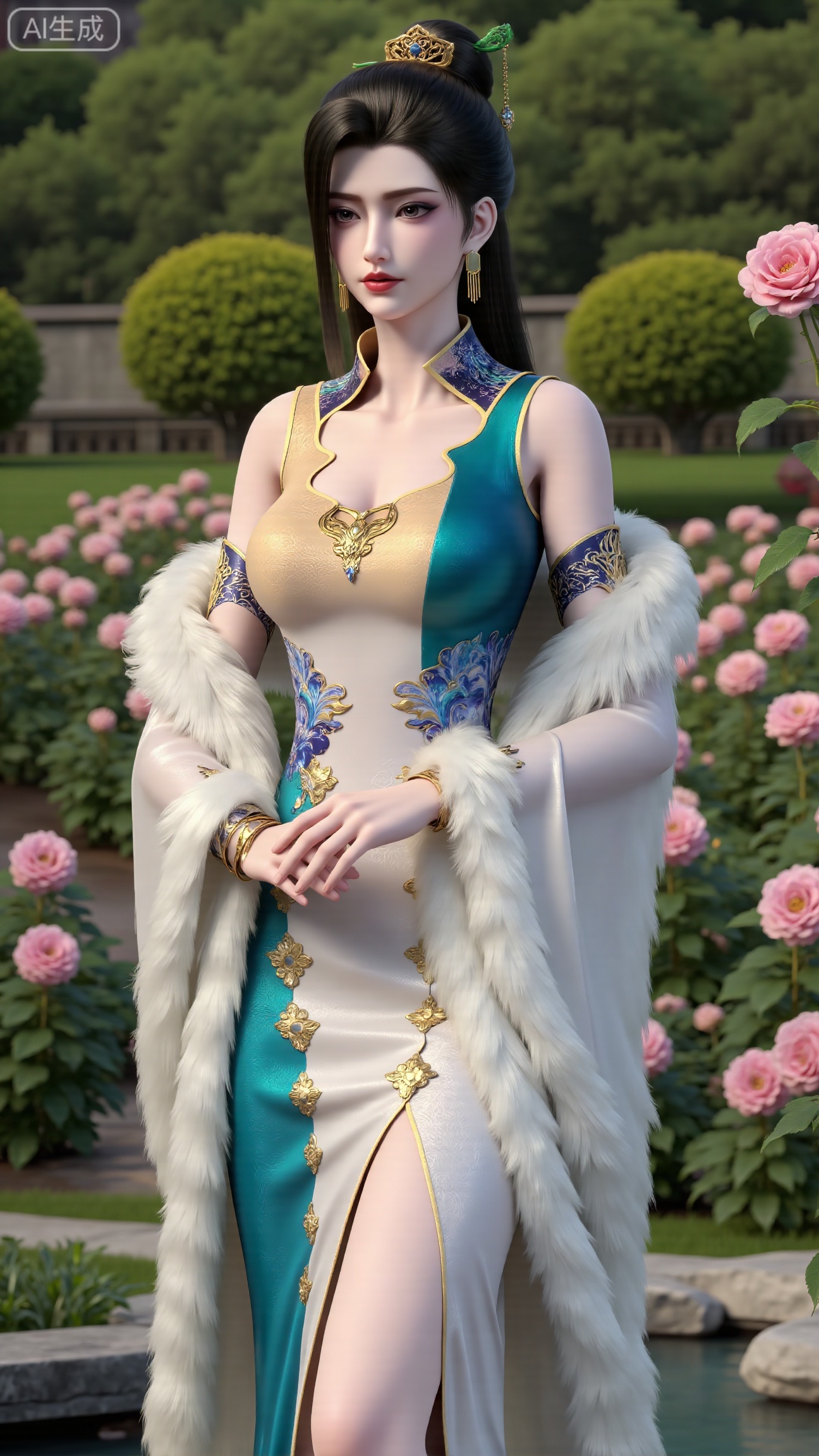 (masterpiece:1.2),best quality,,A woman adorned in traditional Chinese attire,( long dress,black long hair),featuring a flowing robe with intricate embroidery and floral accents. A garden filled with pink roses and lush greenery. Soft pastel hues of white,blue,and green,creating a serene atmosphere. Photorealistic photography.,(huge breasts:2.99),(full breasts:2.99),, , 
,Xbigbreasts,XmupeilingXYH2,XmuplXYH,XmupeilingXYH,XmuplXYH,Xchangtui,Xxiao2chu,Xhuoyuner2,Xyaoxx