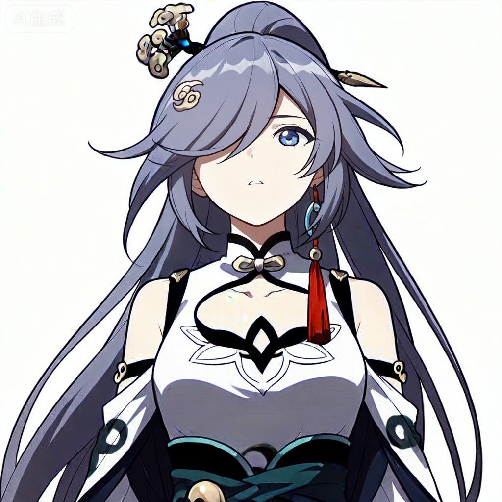 masterpiece, best quality,solo,((white background:1.2)),simple background,, 
looking at viewer,manga_style,fu hua \(azure empyrea\),hair ornament,hair over one eye,grey hair,blue_eyes,bangs,hanfu,long sleeves,ornament,Chinese clothes,taoist robes,boots,gold_trim,jewelry,Tassel