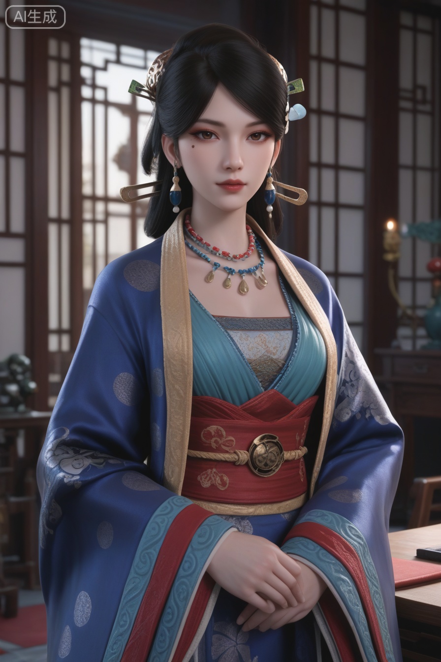 score_9, score_8_up, score_7_up, masterpiece, best quality, highres, ultra-detailed, sharp focus, perfect lighting, CG render, Unity-style, 8K wallpaper, physically-based rendering, flawless skin, realistic shading, realistic anatomy, 
1girl, solo,black hair,hair ornament,jewelry,necklace,earrings,chinese clothes,long sleeves,hanfu,hair stick,beads,wide sleeves,brown eyes,blue robe,looking at viewer,red lips,long hair,mole,mole under eye,indoors,makeup,sash,hair bun,updo,eyeshadow,