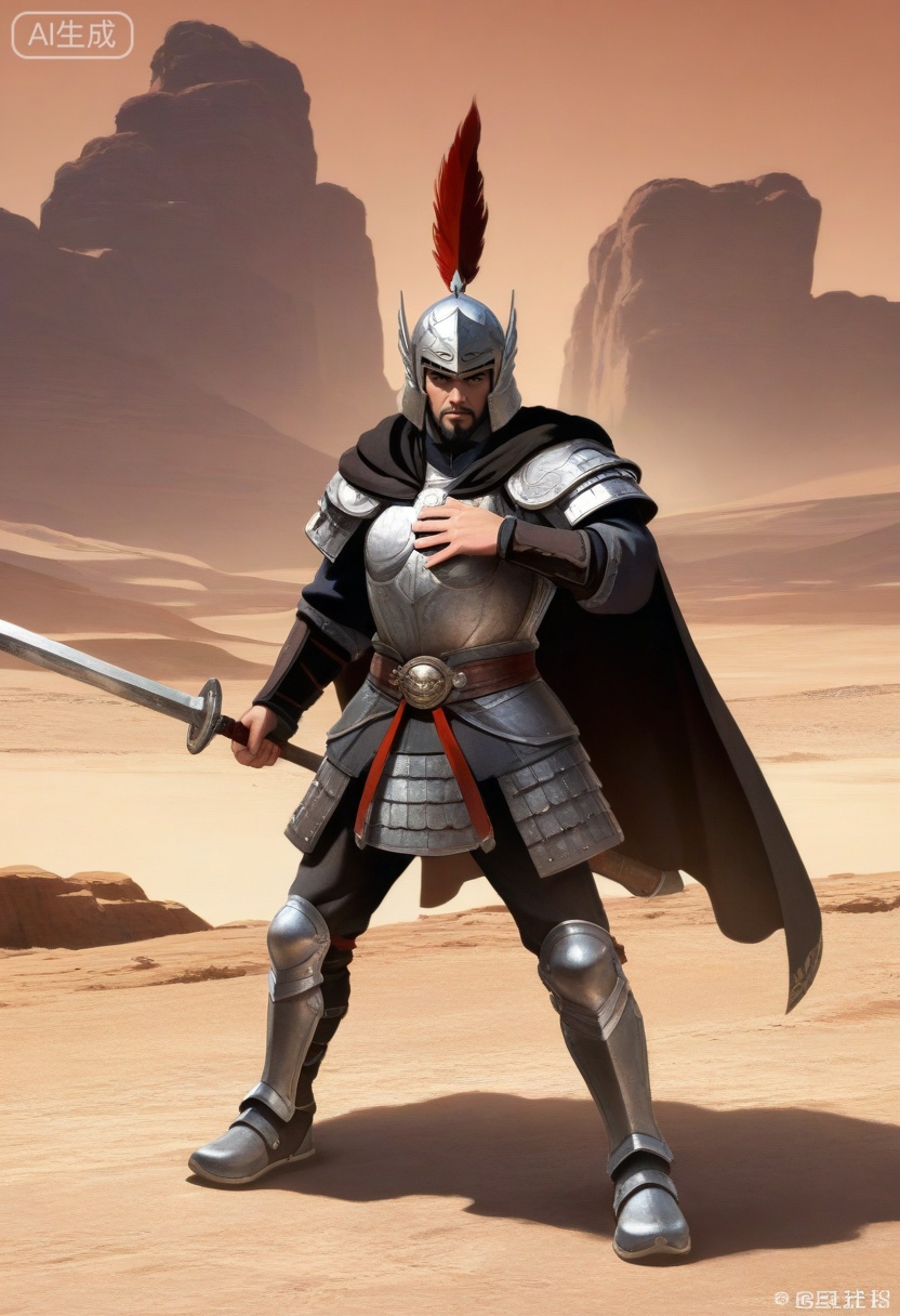 质量词: masterpiece, best quality, amazing quality, very aesthetic, absurdres, highres, newest,
A tyrannical warlord Dong Zhuo from the Three Kingdoms period, with a thick black beard, fierce eyes, and an overbearing expression, wears a helmet with a feather plume and a circular gem ornament, a dark cape, and armor with metal plates and rivets. He places one hand on his chest, set against a desert landscape with rolling hills, in a black-and-white line art style that emphasizes bold outlines and shading, showcasing his domineering aura.