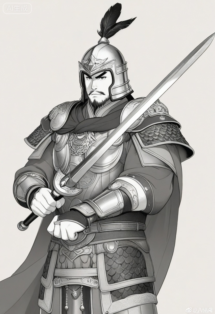 质量词: masterpiece, best quality, amazing quality, very aesthetic, absurdres, highres, newest,
a valiant general from the Three Kingdoms period, with a determined expression, thick eyebrows, and a neatly trimmed beard, wears a helmet adorned with a feather plume and an inlaid gem, armor with elaborate bird-head shoulder guards and scale patterns, and a tied cape. He clenches one fist in front of his chest, holding a sword hilt in the other hand, set against a plain white background, in a black-and-white line art style that emphasizes bold outlines and shading, showcasing his heroic demeanor.