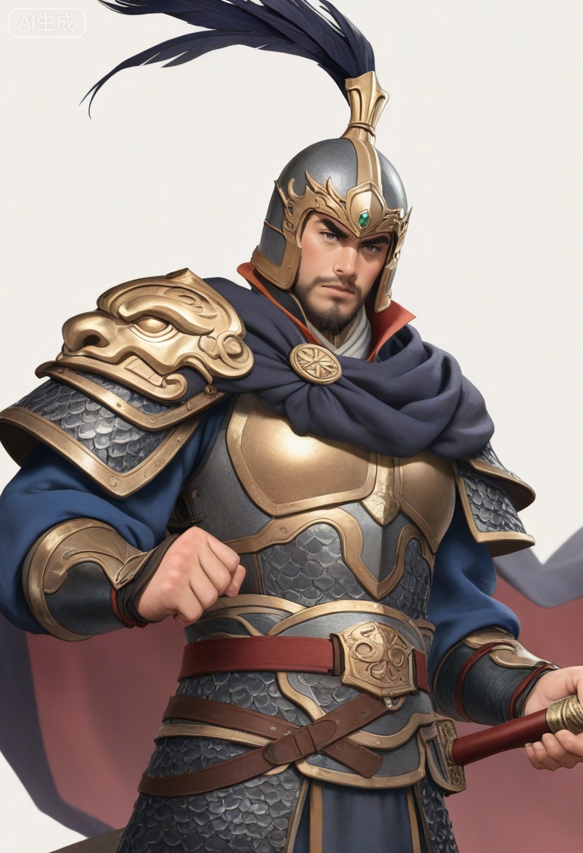 质量词: masterpiece, best quality, amazing quality, very aesthetic, absurdres, highres, newest,
a valiant general from the Three Kingdoms period, with a determined expression, thick eyebrows, and a neatly trimmed beard, wears a helmet adorned with a feather plume and an inlaid gem, armor with elaborate bird-head shoulder guards and scale patterns, and a tied cape. He clenches one fist in front of his chest, holding a sword hilt in the other hand, set against a plain white background, in a black-and-white line art style that emphasizes bold outlines and shading, showcasing his heroic demeanor.
