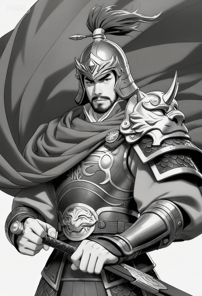 质量词: masterpiece, best quality, amazing quality, very aesthetic, absurdres, highres, newest,
a valiant general from the Three Kingdoms period, with a determined expression, thick eyebrows, and a neatly trimmed beard, wears a helmet adorned with a feather plume and an inlaid gem, armor with elaborate bird-head shoulder guards and scale patterns, and a tied cape. He clenches one fist in front of his chest, holding a sword hilt in the other hand, set against a plain white background, in a black-and-white line art style that emphasizes bold outlines and shading, showcasing his heroic demeanor.