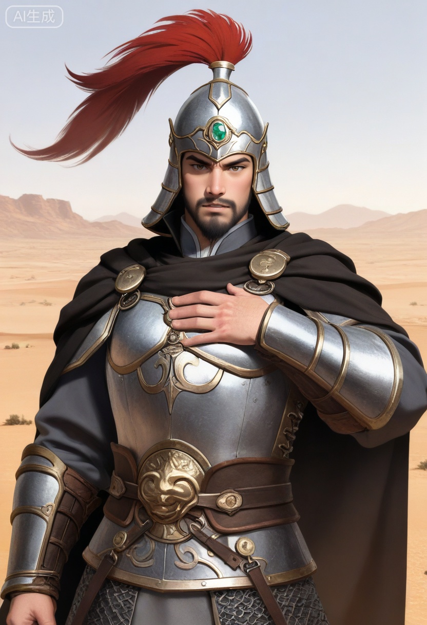 质量词: masterpiece, best quality, amazing quality, very aesthetic, absurdres, highres, newest,
A tyrannical warlord Dong Zhuo from the Three Kingdoms period, with a thick black beard, fierce eyes, and an overbearing expression, wears a helmet with a feather plume and a circular gem ornament, a dark cape, and armor with metal plates and rivets. He places one hand on his chest, set against a desert landscape with rolling hills, in a black-and-white line art style that emphasizes bold outlines and shading, showcasing his domineering aura.