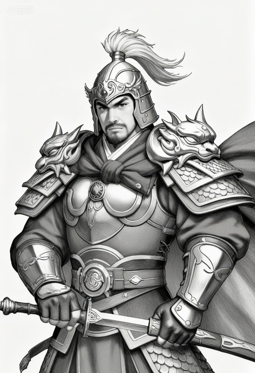 质量词: masterpiece, best quality, amazing quality, very aesthetic, absurdres, highres, newest,
a valiant general from the Three Kingdoms period, with a determined expression, thick eyebrows, and a neatly trimmed beard, wears a helmet adorned with a feather plume and an inlaid gem, armor with elaborate bird-head shoulder guards and scale patterns, and a tied cape. He clenches one fist in front of his chest, holding a sword hilt in the other hand, set against a plain white background, in a black-and-white line art style that emphasizes bold outlines and shading, showcasing his heroic demeanor.