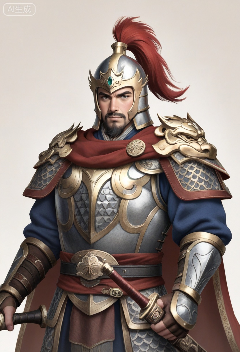 质量词: masterpiece, best quality, amazing quality, very aesthetic, absurdres, highres, newest,
a valiant general from the Three Kingdoms period, with a determined expression, thick eyebrows, and a neatly trimmed beard, wears a helmet adorned with a feather plume and an inlaid gem, armor with elaborate bird-head shoulder guards and scale patterns, and a tied cape. He clenches one fist in front of his chest, holding a sword hilt in the other hand, set against a plain white background