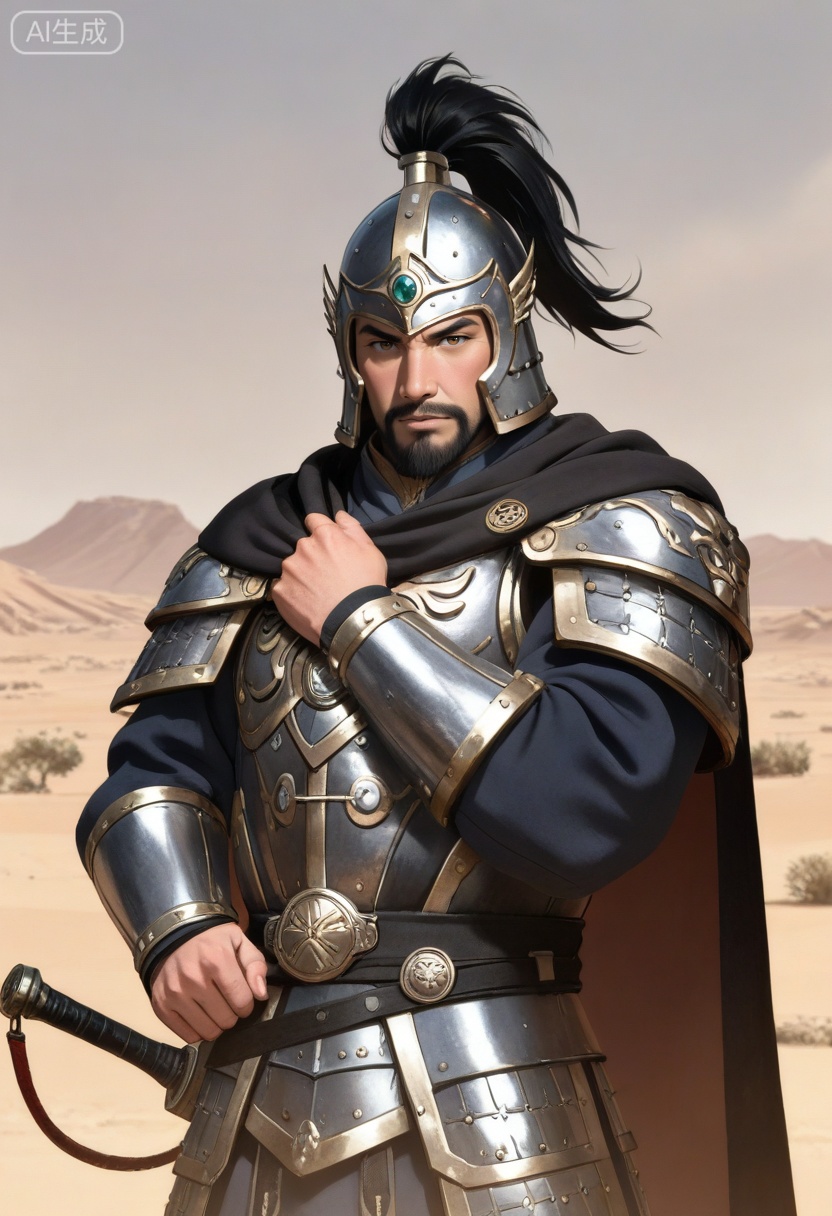 质量词: masterpiece, best quality, amazing quality, very aesthetic, absurdres, highres, newest,
A tyrannical warlord Dong Zhuo from the Three Kingdoms period, with a thick black beard, fierce eyes, and an overbearing expression, wears a helmet with a feather plume and a circular gem ornament, a dark cape, and armor with metal plates and rivets. He places one hand on his chest, set against a desert landscape with rolling hills, in a black-and-white line art style that emphasizes bold outlines and shading, showcasing his domineering aura.