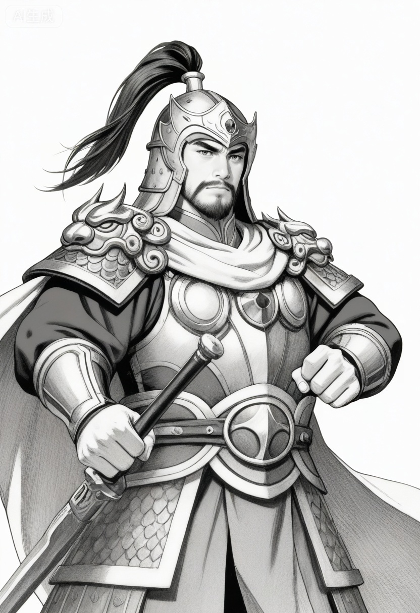质量词: masterpiece, best quality, amazing quality, very aesthetic, absurdres, highres, newest,
a valiant general from the Three Kingdoms period, with a determined expression, thick eyebrows, and a neatly trimmed beard, wears a helmet adorned with a feather plume and an inlaid gem, armor with elaborate bird-head shoulder guards and scale patterns, and a tied cape. He clenches one fist in front of his chest, holding a sword hilt in the other hand, set against a plain white background, in a black-and-white line art style that emphasizes bold outlines and shading, showcasing his heroic demeanor.