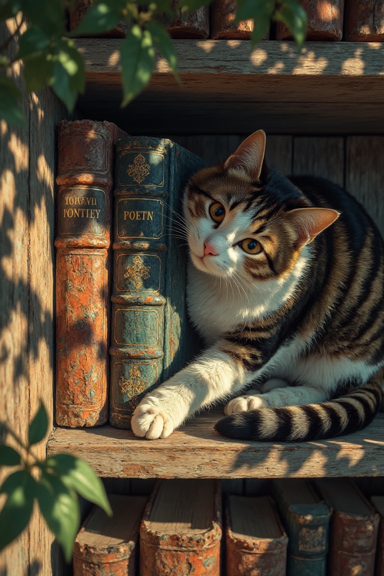 A cat lying next to a poetry collection on the bookshelf,  framed in soft side lighting,  captured in a close-up shot with...