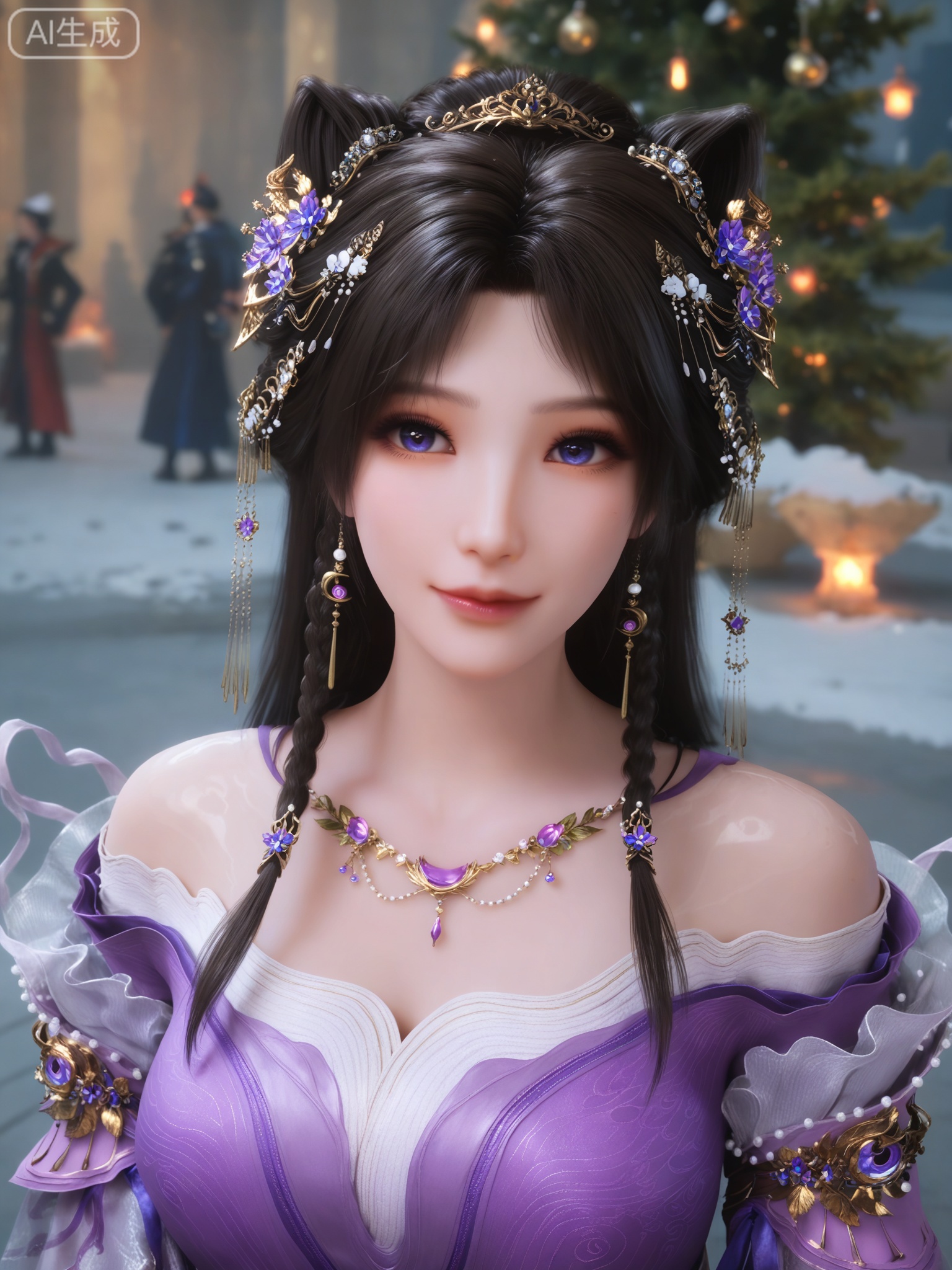 score_9,score_8_up,score_7_up,masterpiece,(best quality),(intricate details:0.9) BREAK (intricate details:0.9),(realistic skin:1.2),masterpiece,best quality,newest,absurdres,hiahres,1girl,solo,jewelry,hair ornament,dress,necklace,lips,eyeshadow,bracelet,tassel,(8k ultra-clear, pony style),photo pose 0.6, micro-expression: soft smile 0.3, half-body + medium shot 0.7,1girl,solo.looking_at_viewer,realistic,photorealistic,Vivid Colors,bright environment,shiny skin,shiny hairjewelry,detail eyes,Eyes highlights,glowing,sunshine,bright,reflection,bright,sunshine on face,shiny,shinny,petite,thin,leg slimming,lose weight,slim hips,lakeside,delicate water,reflection,(upper body:0.6)sitting_down,eyelashes,snow,Winter,Snowy landscape,Snow accumulation,Christmas tree,(huge breasts:1.1),