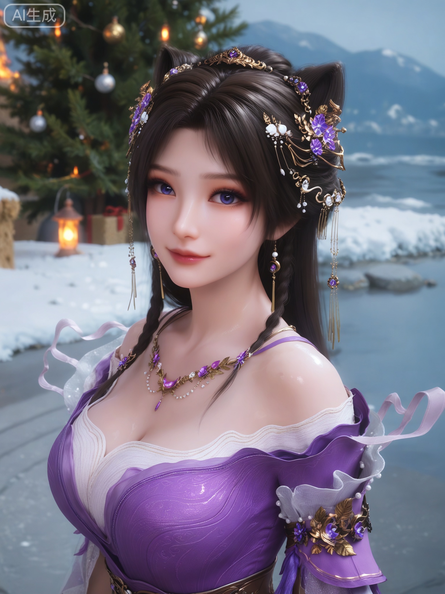 score_9,score_8_up,score_7_up,masterpiece,(best quality),(intricate details:0.9) BREAK (intricate details:0.9),(realistic skin:1.2),masterpiece,best quality,newest,absurdres,hiahres,1girl,solo,jewelry,hair ornament,dress,necklace,lips,eyeshadow,bracelet,tassel,(8k ultra-clear, pony style),photo pose 0.6, micro-expression: soft smile 0.3, half-body + medium shot 0.7,1girl,solo.looking_at_viewer,realistic,photorealistic,Vivid Colors,bright environment,shiny skin,shiny hairjewelry,detail eyes,Eyes highlights,glowing,sunshine,bright,reflection,bright,sunshine on face,shiny,shinny,petite,thin,leg slimming,lose weight,slim hips,lakeside,delicate water,reflection,(upper body:0.6)sitting_down,eyelashes,snow,Winter,Snowy landscape,Snow accumulation,Christmas tree,(huge breasts:1.1),