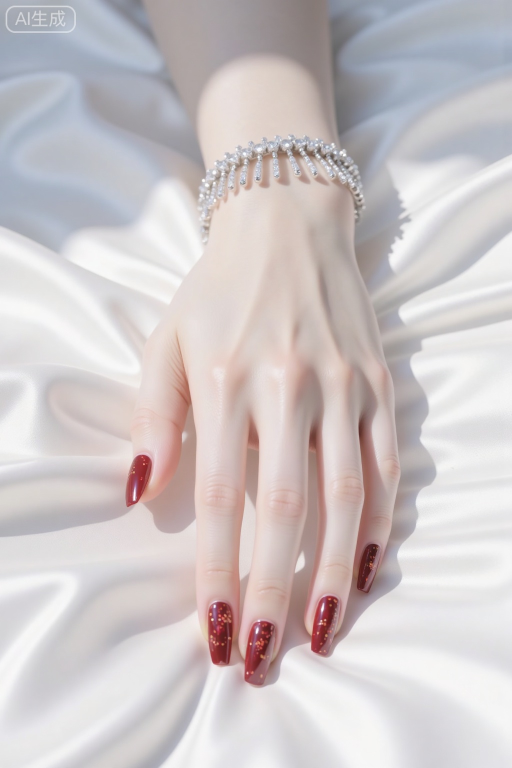 Extreme detailed close-up, ultra-clear, three-dimensional and realistic, delicate and subtle skin texture, fair, highlighting the subject's spatial sense and three-dimensionality, visible pores, a woman's soft, white, plump and beautiful hand placed on a shiny white silk, fair, cool white skin, a delicate diamond bracelet with small tassels and shimmer, red diamond-studded long nails, sparkling in the sunlight, CG rendering, anime realistic style, 2.5D illustration art, detailed thick painting, 32k, ultra-detail, cinematic lighting, smooth brushwork, cool white skin, delicate and smooth, close-up shot.