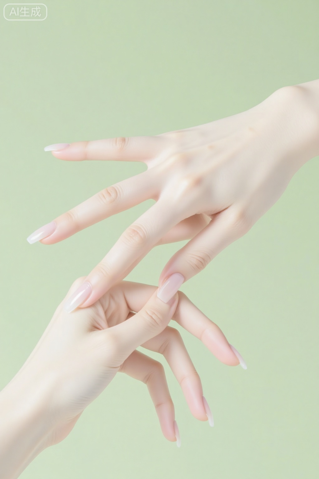 Makeup commercial portrait photography style,close-up composition focusing on two delicate and smooth female hands (naturally bright nails, fine skin texture),presented with interactive postures; background is a light green solid color gradient,using soft lighting to highlight the transparency,luster,and refined lines of the hand skin; the overall image is fresh and high-end,with a soft tone (mainly light green),details fully displaying the delicate texture of the hands,suitable for the "hand care effect display" tone of makeup products such as hand cream,highlighting the softness and refinement of the skin.,