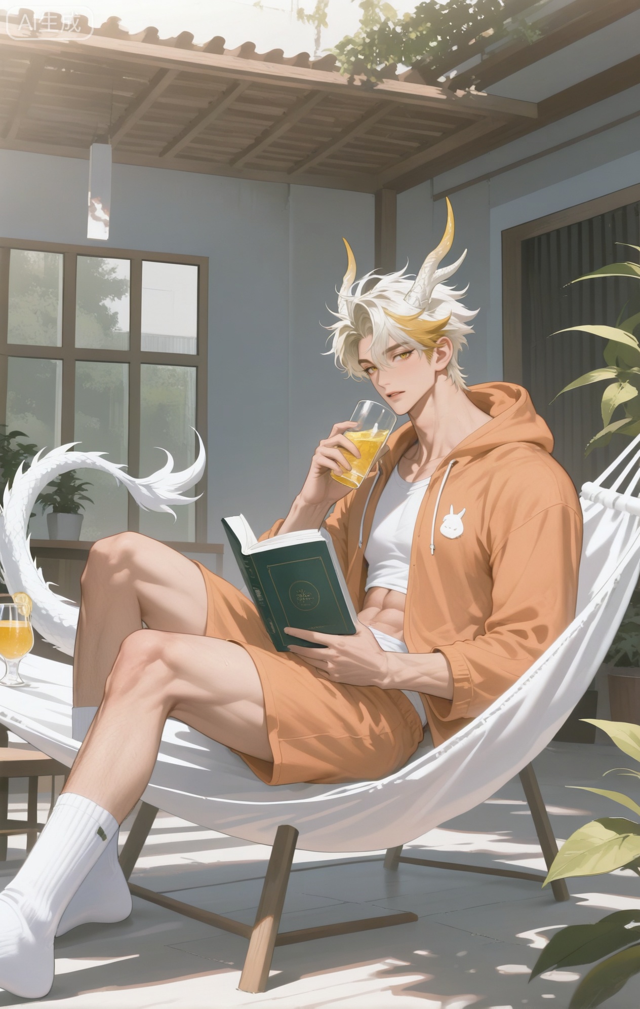 Small note art style,,xiaozhitiao,yu xuan,multicolored hair,White dragon tail,White dragon horns,yellow eyes,white hair,blonde hair,1boy,bangs ,socks,white socks,dianmei (artist:mazjojo:0.53),(artist:pigeon666:0.37),(artist:zawar379:0.57),(artist:remsrar:0.35),(artist:yoneyama mai:0.64),(yokoyari mengo:0.6),1boy,male focus,solo,medium - length wavy hair,hooded pajamas,hood down, a light - brown knitted scarf draped over his shoulders, his toned abs visible as he dozes off in a hammock on a wooden patio. The hammock is strung between two posts, and there's a small side table with a half - read book and a glass of lemonade. Potted ferns line the edges of the patio, and the afternoon sun casts a warm, yellow glow.