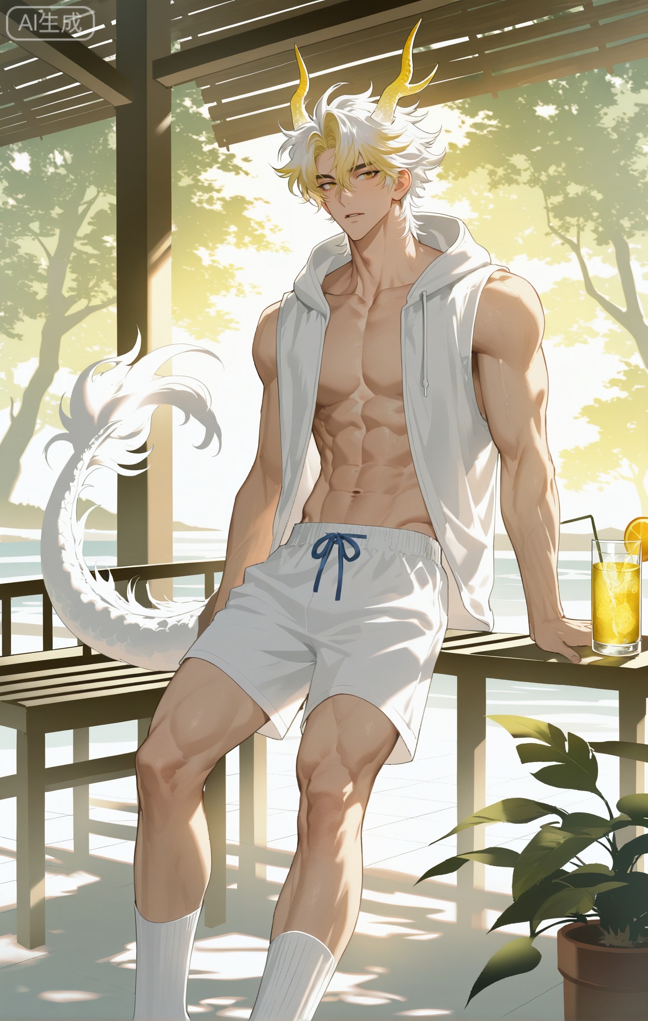 Small note art style,,xiaozhitiao,yu xuan,multicolored hair,White dragon tail,White dragon horns,yellow eyes,white hair,blonde hair,1boy,bangs ,socks,white socks,dianmei (artist:mazjojo:0.53),(artist:pigeon666:0.37),(artist:zawar379:0.57),(artist:remsrar:0.35),(artist:yoneyama mai:0.64),(yokoyari mengo:0.6),1boy,male focus,solo,medium - length wavy hair,hooded pajamas,hood down, a light - brown knitted scarf draped over his shoulders, his toned abs visible as he dozes off in a hammock on a wooden patio. The hammock is strung between two posts, and there's a small side table with a half - read book and a glass of lemonade. Potted ferns line the edges of the patio, and the afternoon sun casts a warm, yellow glow.