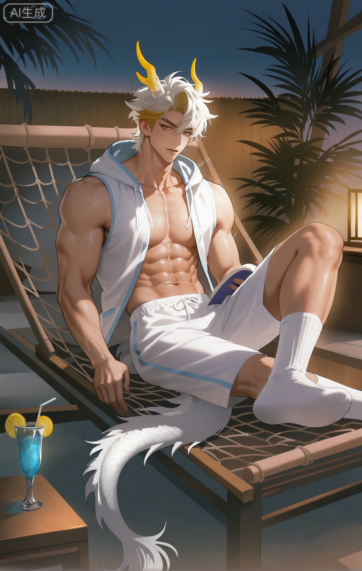 Small note art style,,xiaozhitiao,yu xuan,multicolored hair,White dragon tail,White dragon horns,yellow eyes,white hair,blonde hair,1boy,bangs ,socks,white socks,dianmei (artist:mazjojo:0.53),(artist:pigeon666:0.37),(artist:zawar379:0.57),(artist:remsrar:0.35),(artist:yoneyama mai:0.64),(yokoyari mengo:0.6),1boy,male focus,solo,medium - length wavy hair,hooded pajamas,hood down, a light - brown knitted scarf draped over his shoulders, his toned abs visible as he dozes off in a hammock on a wooden patio. The hammock is strung between two posts, and there's a small side table with a half - read book and a glass of lemonade. Potted ferns line the edges of the patio, and the afternoon sun casts a warm, yellow glow.