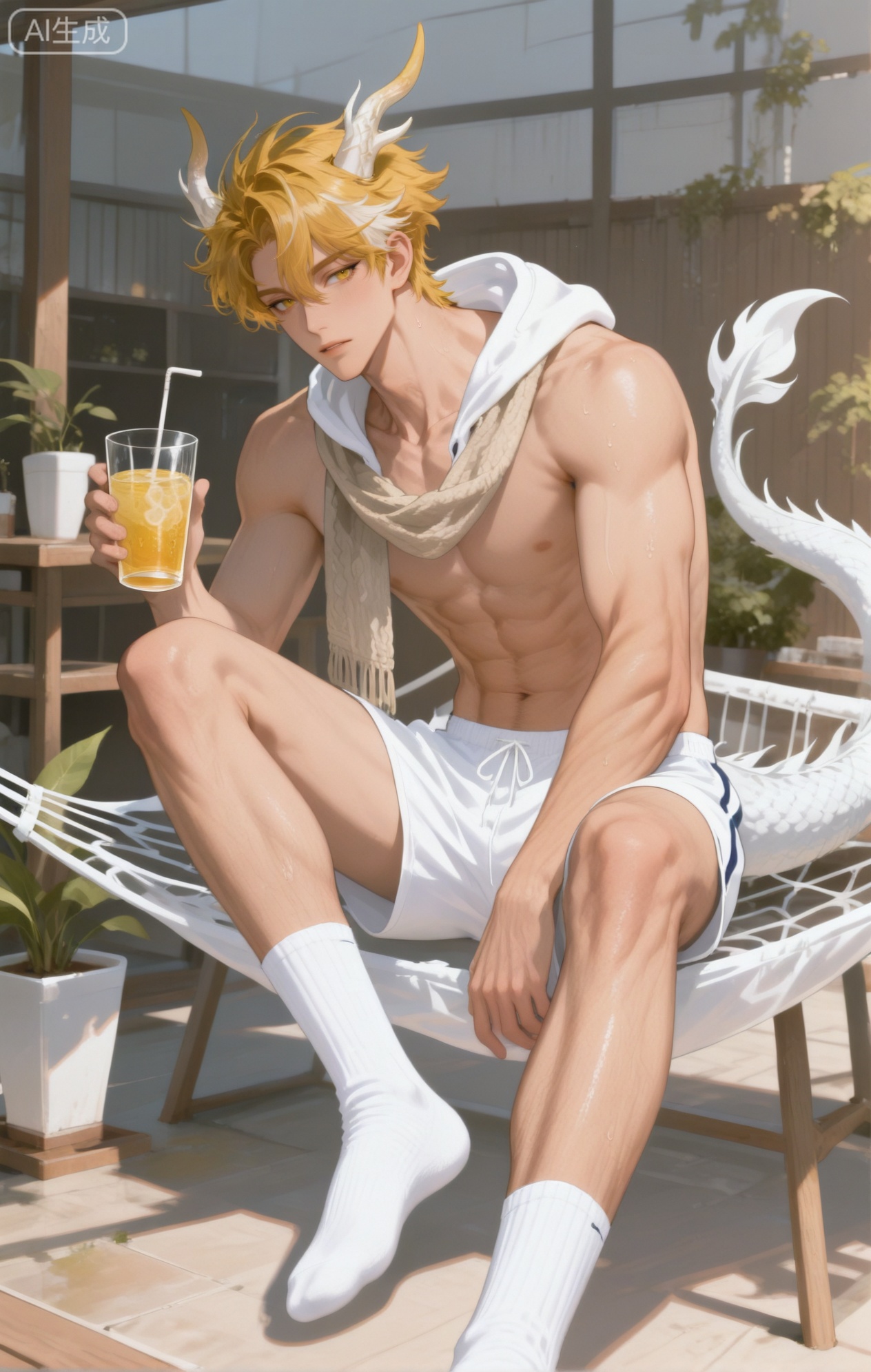 Small note art style,,xiaozhitiao,yu xuan,multicolored hair,White dragon tail,White dragon horns,yellow eyes,white hair,blonde hair,1boy,bangs ,socks,white socks,dianmei (artist:mazjojo:0.53),(artist:pigeon666:0.37),(artist:zawar379:0.57),(artist:remsrar:0.35),(artist:yoneyama mai:0.64),(yokoyari mengo:0.6),1boy,male focus,solo,medium - length wavy hair,hooded pajamas,hood down, a light - brown knitted scarf draped over his shoulders, his toned abs visible as he dozes off in a hammock on a wooden patio. The hammock is strung between two posts, and there's a small side table with a half - read book and a glass of lemonade. Potted ferns line the edges of the patio, and the afternoon sun casts a warm, yellow glow.