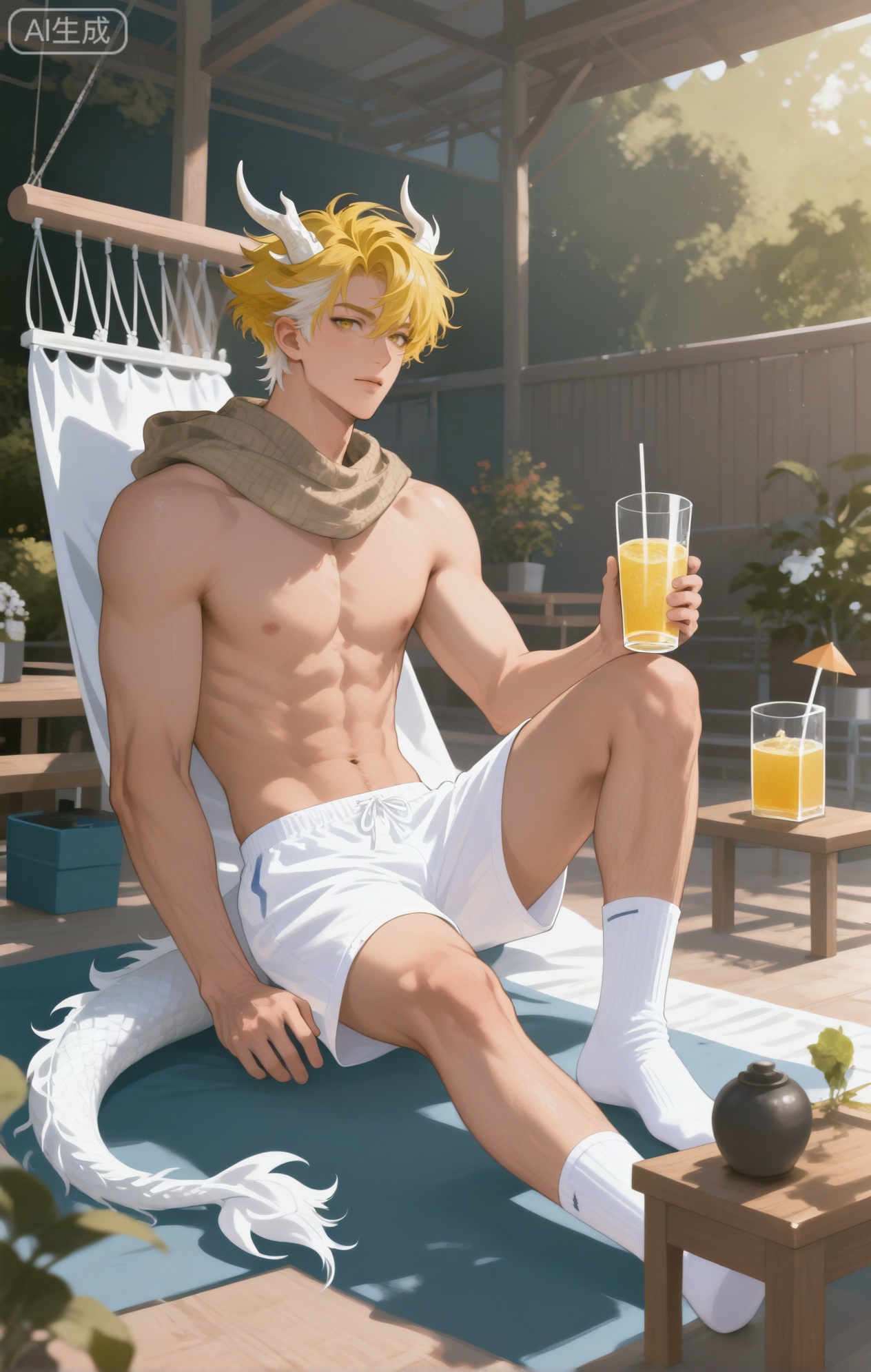 Small note art style,,xiaozhitiao,yu xuan,multicolored hair,White dragon tail,White dragon horns,yellow eyes,white hair,blonde hair,1boy,bangs ,socks,white socks,dianmei (artist:mazjojo:0.53),(artist:pigeon666:0.37),(artist:zawar379:0.57),(artist:remsrar:0.35),(artist:yoneyama mai:0.64),(yokoyari mengo:0.6),1boy,male focus,solo,medium - length wavy hair,hooded pajamas,hood down, a light - brown knitted scarf draped over his shoulders, his toned abs visible as he dozes off in a hammock on a wooden patio. The hammock is strung between two posts, and there's a small side table with a half - read book and a glass of lemonade. Potted ferns line the edges of the patio, and the afternoon sun casts a warm, yellow glow.