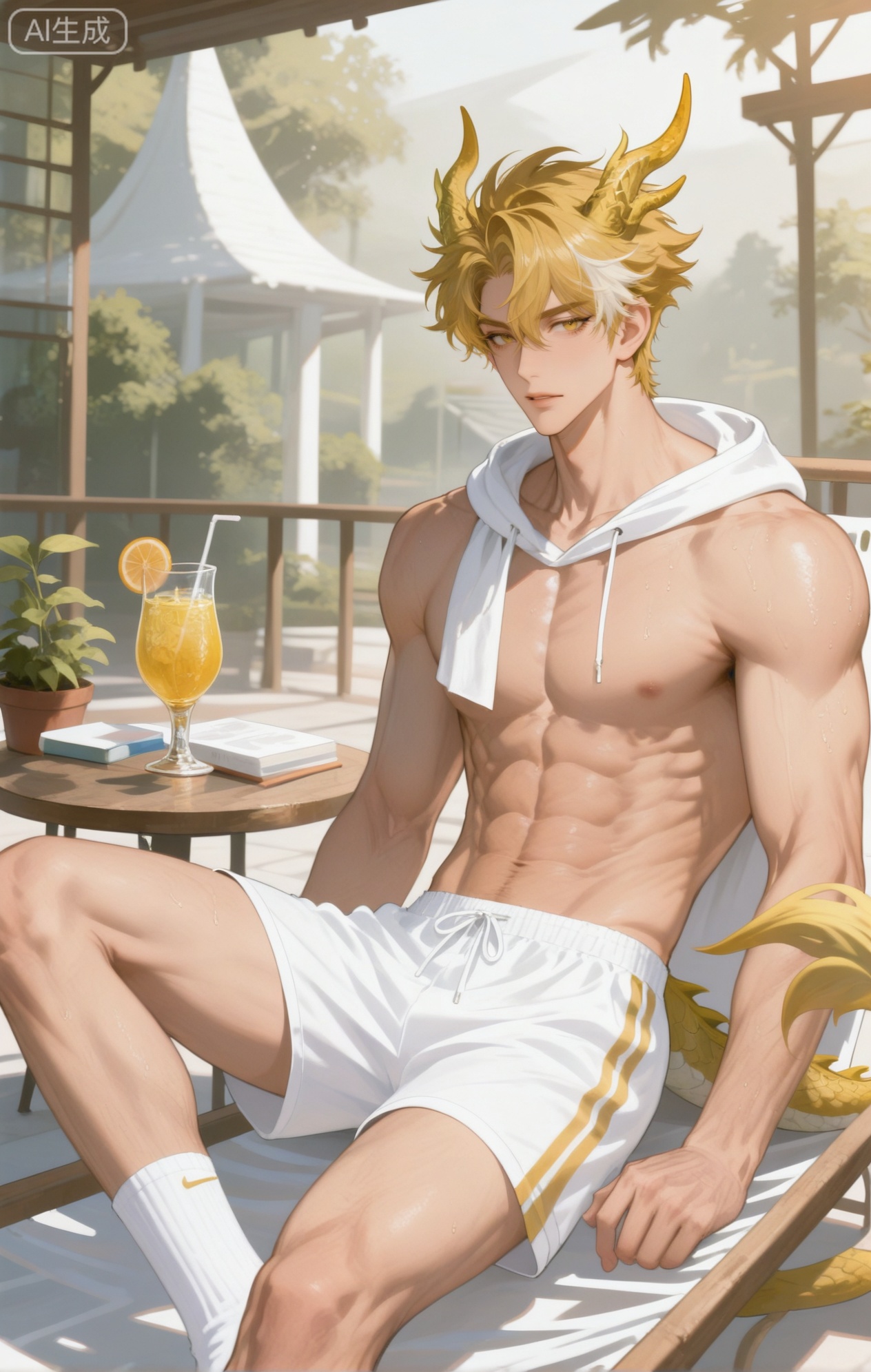 Small note art style,,xiaozhitiao,yu xuan,multicolored hair,White dragon tail,White dragon horns,yellow eyes,white hair,blonde hair,1boy,bangs ,socks,white socks,dianmei (artist:mazjojo:0.53),(artist:pigeon666:0.37),(artist:zawar379:0.57),(artist:remsrar:0.35),(artist:yoneyama mai:0.64),(yokoyari mengo:0.6),1boy,male focus,solo,medium - length wavy hair,hooded pajamas,hood down, a light - brown knitted scarf draped over his shoulders, his toned abs visible as he dozes off in a hammock on a wooden patio. The hammock is strung between two posts, and there's a small side table with a half - read book and a glass of lemonade. Potted ferns line the edges of the patio, and the afternoon sun casts a warm, yellow glow.