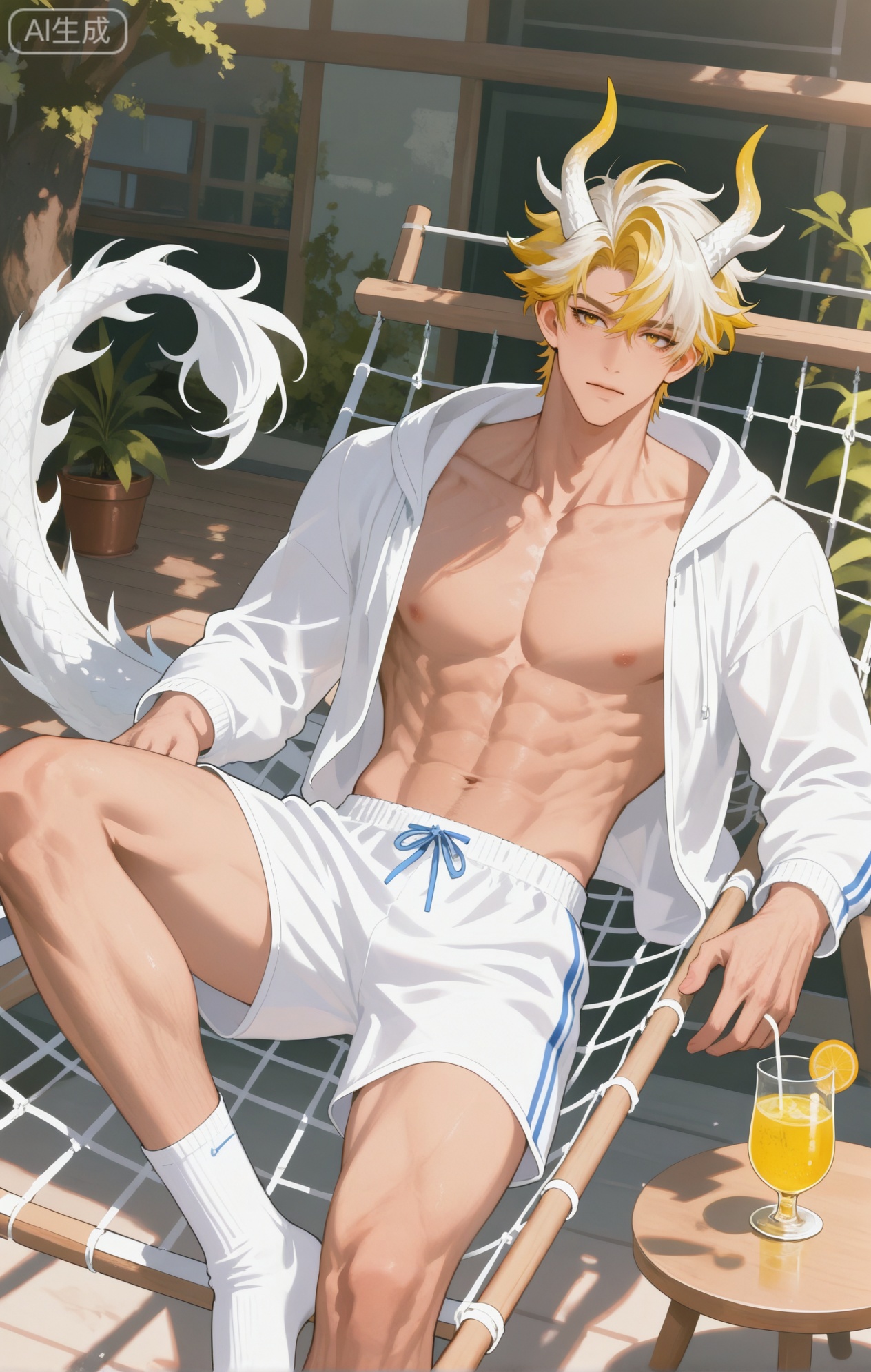 Small note art style,,xiaozhitiao,yu xuan,multicolored hair,White dragon tail,White dragon horns,yellow eyes,white hair,blonde hair,1boy,bangs ,socks,white socks,dianmei (artist:mazjojo:0.53),(artist:pigeon666:0.37),(artist:zawar379:0.57),(artist:remsrar:0.35),(artist:yoneyama mai:0.64),(yokoyari mengo:0.6),1boy,male focus,solo,medium - length wavy hair,hooded pajamas,hood down, a light - brown knitted scarf draped over his shoulders, his toned abs visible as he dozes off in a hammock on a wooden patio. The hammock is strung between two posts, and there's a small side table with a half - read book and a glass of lemonade. Potted ferns line the edges of the patio, and the afternoon sun casts a warm, yellow glow.