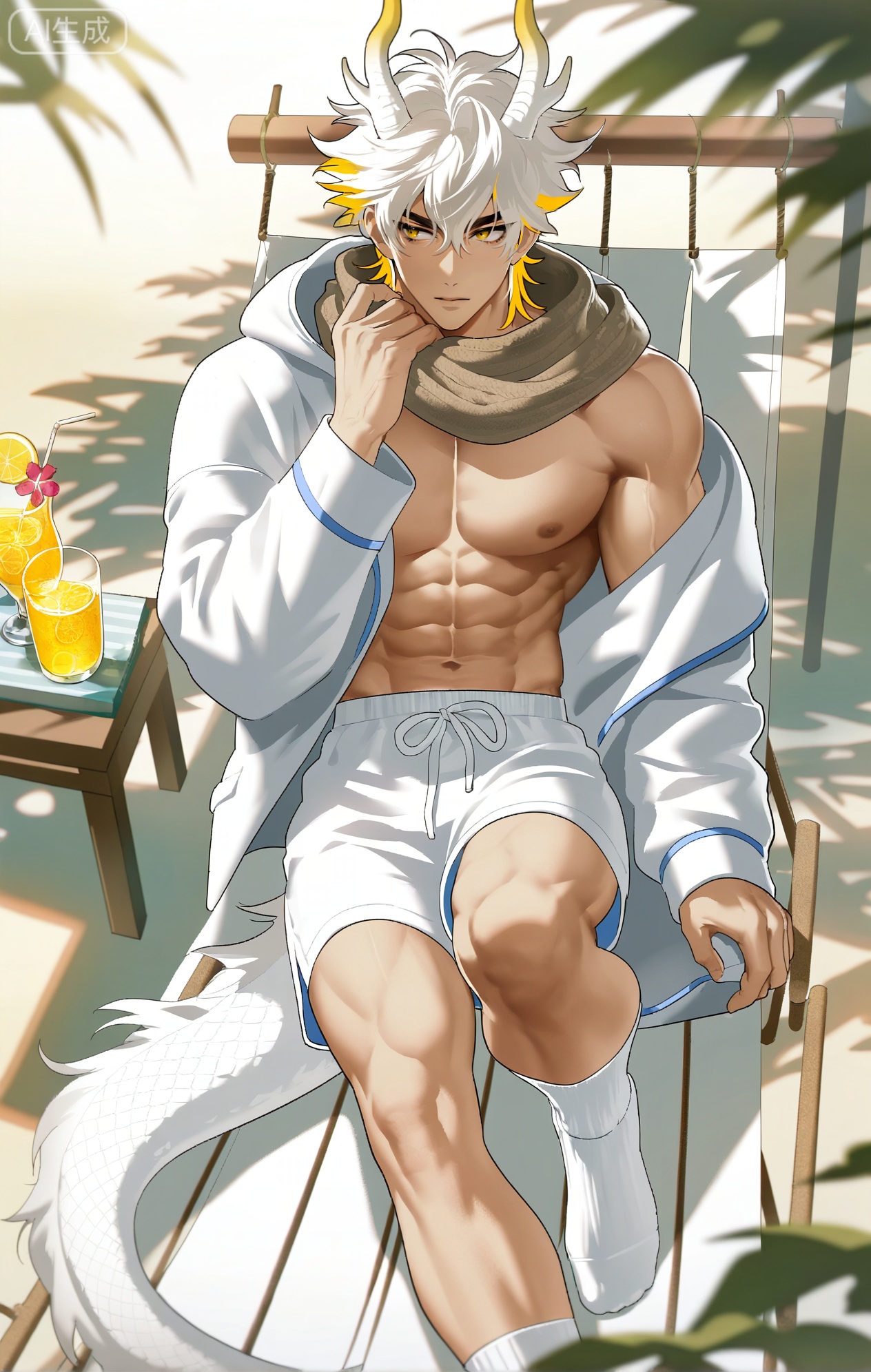 Small note art style,,xiaozhitiao,yu xuan,multicolored hair,White dragon tail,White dragon horns,yellow eyes,white hair,blonde hair,1boy,bangs ,socks,white socks,dianmei (artist:mazjojo:0.53),(artist:pigeon666:0.37),(artist:zawar379:0.57),(artist:remsrar:0.35),(artist:yoneyama mai:0.64),(yokoyari mengo:0.6),1boy,male focus,solo,medium - length wavy hair,hooded pajamas,hood down, a light - brown knitted scarf draped over his shoulders, his toned abs visible as he dozes off in a hammock on a wooden patio. The hammock is strung between two posts, and there's a small side table with a half - read book and a glass of lemonade. Potted ferns line the edges of the patio, and the afternoon sun casts a warm, yellow glow.