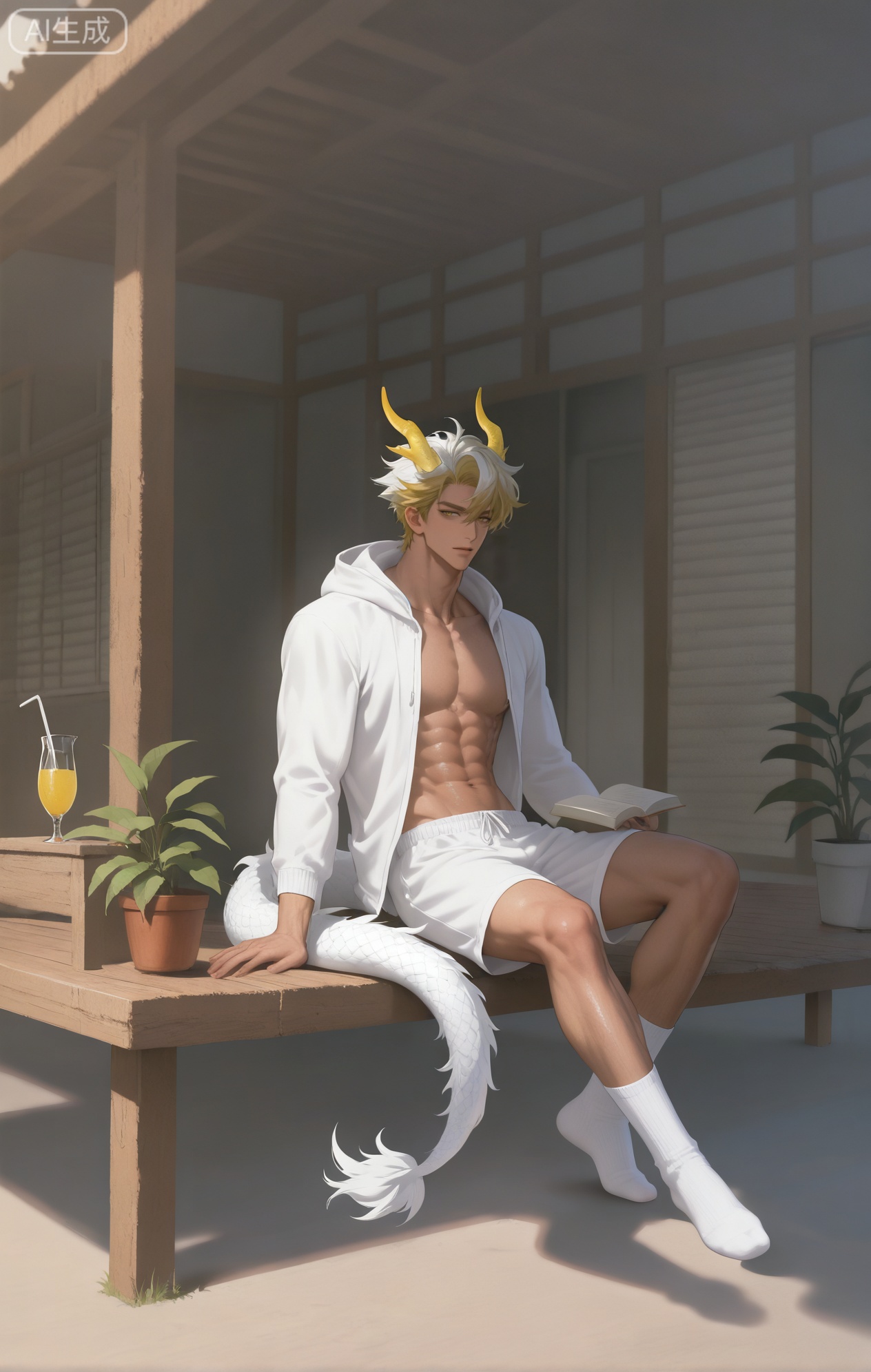 Small note art style,,xiaozhitiao,yu xuan,multicolored hair,White dragon tail,White dragon horns,yellow eyes,white hair,blonde hair,1boy,bangs ,socks,white socks,dianmei (artist:mazjojo:0.53),(artist:pigeon666:0.37),(artist:zawar379:0.57),(artist:remsrar:0.35),(artist:yoneyama mai:0.64),(yokoyari mengo:0.6),1boy,male focus,solo,medium - length wavy hair,hooded pajamas,hood down, a light - brown knitted scarf draped over his shoulders, his toned abs visible as he dozes off in a hammock on a wooden patio. The hammock is strung between two posts, and there's a small side table with a half - read book and a glass of lemonade. Potted ferns line the edges of the patio, and the afternoon sun casts a warm, yellow glow.