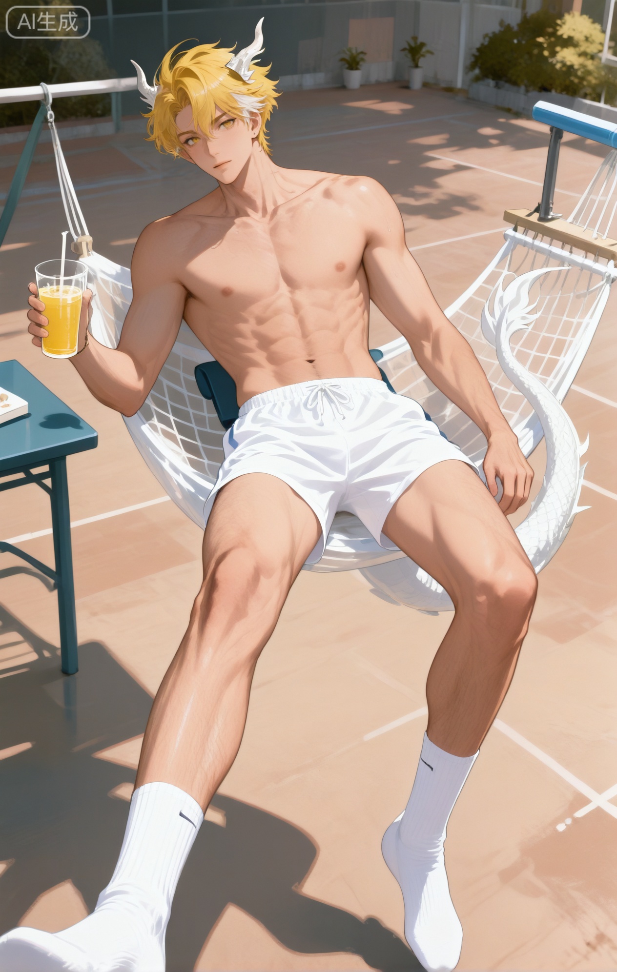 Small note art style,,xiaozhitiao,yu xuan,multicolored hair,White dragon tail,White dragon horns,yellow eyes,white hair,blonde hair,1boy,bangs ,socks,white socks,dianmei (artist:mazjojo:0.53),(artist:pigeon666:0.37),(artist:zawar379:0.57),(artist:remsrar:0.35),(artist:yoneyama mai:0.64),(yokoyari mengo:0.6),1boy,male focus,solo,medium - length wavy hair,hooded pajamas,hood down, a light - brown knitted scarf draped over his shoulders, his toned abs visible as he dozes off in a hammock on a wooden patio. The hammock is strung between two posts, and there's a small side table with a half - read book and a glass of lemonade. Potted ferns line the edges of the patio, and the afternoon sun casts a warm, yellow glow.