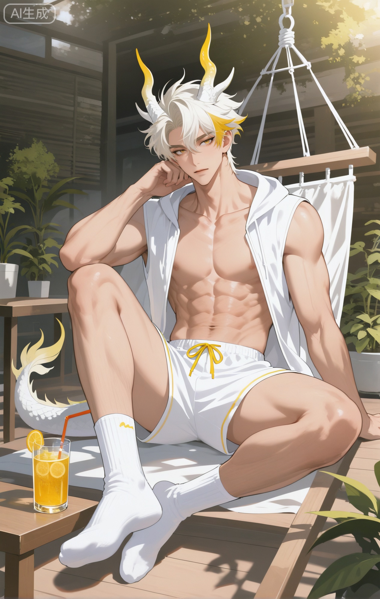 Small note art style,,xiaozhitiao,yu xuan,multicolored hair,White dragon tail,White dragon horns,yellow eyes,white hair,blonde hair,1boy,bangs ,socks,white socks,dianmei (artist:mazjojo:0.53),(artist:pigeon666:0.37),(artist:zawar379:0.57),(artist:remsrar:0.35),(artist:yoneyama mai:0.64),(yokoyari mengo:0.6),1boy,male focus,solo,medium - length wavy hair,hooded pajamas,hood down, a light - brown knitted scarf draped over his shoulders, his toned abs visible as he dozes off in a hammock on a wooden patio. The hammock is strung between two posts, and there's a small side table with a half - read book and a glass of lemonade. Potted ferns line the edges of the patio, and the afternoon sun casts a warm, yellow glow.