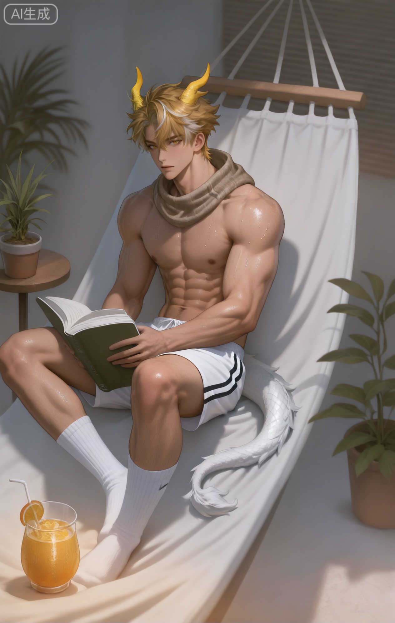 Small note art style,,xiaozhitiao,yu xuan,multicolored hair,White dragon tail,White dragon horns,yellow eyes,white hair,blonde hair,1boy,bangs ,socks,white socks,dianmei (artist:mazjojo:0.53),(artist:pigeon666:0.37),(artist:zawar379:0.57),(artist:remsrar:0.35),(artist:yoneyama mai:0.64),(yokoyari mengo:0.6),1boy,male focus,solo,medium - length wavy hair,hooded pajamas,hood down, a light - brown knitted scarf draped over his shoulders, his toned abs visible as he dozes off in a hammock on a wooden patio. The hammock is strung between two posts, and there's a small side table with a half - read book and a glass of lemonade. Potted ferns line the edges of the patio, and the afternoon sun casts a warm, yellow glow.