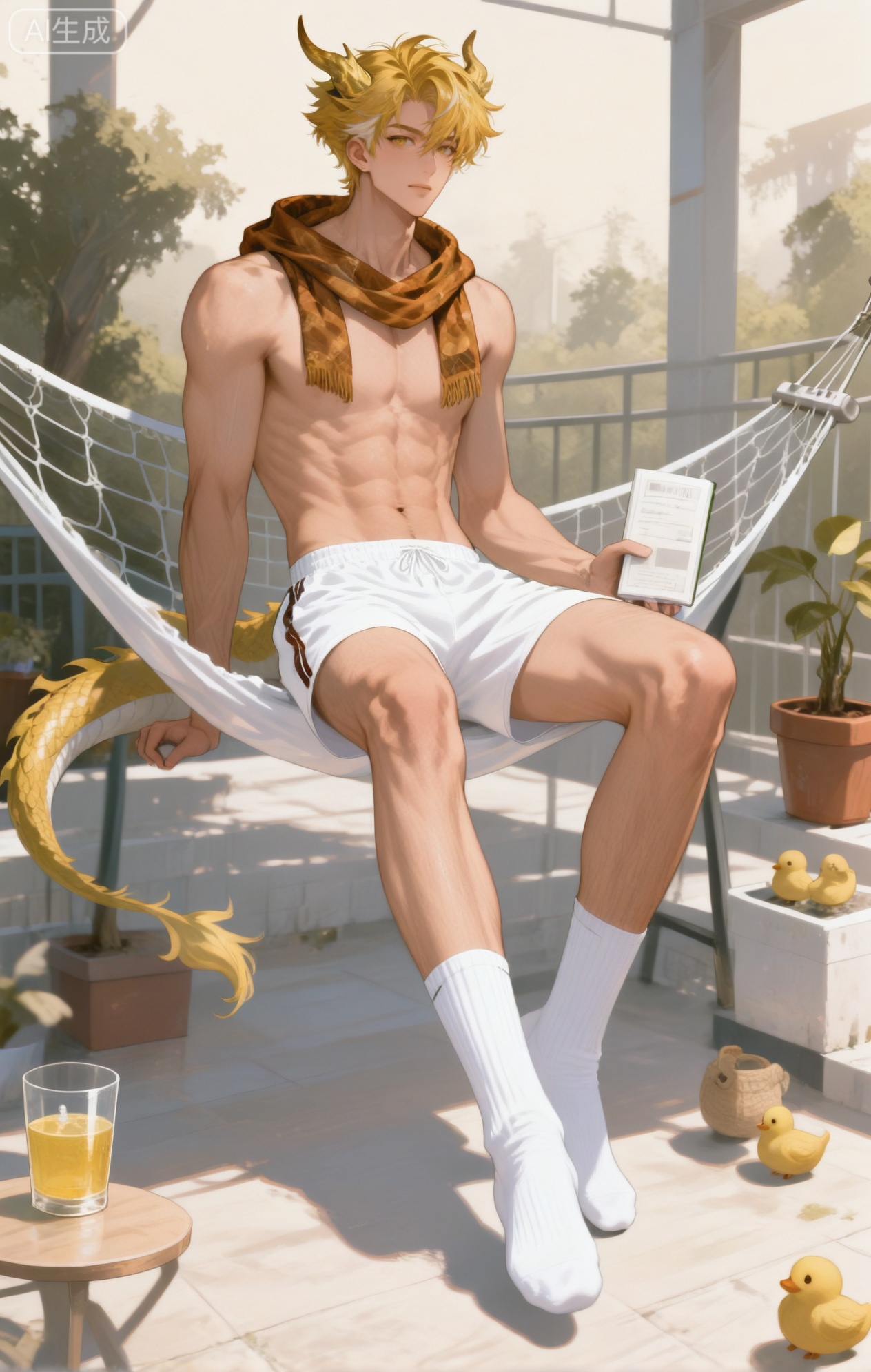 Small note art style,,xiaozhitiao,yu xuan,multicolored hair,White dragon tail,White dragon horns,yellow eyes,white hair,blonde hair,1boy,bangs ,socks,white socks,dianmei (artist:mazjojo:0.53),(artist:pigeon666:0.37),(artist:zawar379:0.57),(artist:remsrar:0.35),(artist:yoneyama mai:0.64),(yokoyari mengo:0.6),1boy,male focus,solo,medium - length wavy hair,hooded pajamas,hood down, a light - brown knitted scarf draped over his shoulders, his toned abs visible as he dozes off in a hammock on a wooden patio. The hammock is strung between two posts, and there's a small side table with a half - read book and a glass of lemonade. Potted ferns line the edges of the patio, and the afternoon sun casts a warm, yellow glow.