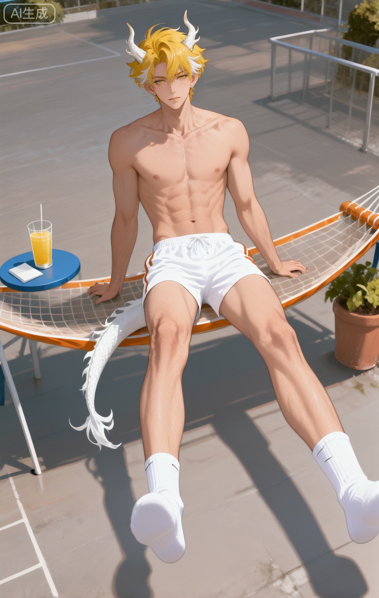 Small note art style,,xiaozhitiao,yu xuan,multicolored hair,White dragon tail,White dragon horns,yellow eyes,white hair,blonde hair,1boy,bangs ,socks,white socks,dianmei (artist:mazjojo:0.53),(artist:pigeon666:0.37),(artist:zawar379:0.57),(artist:remsrar:0.35),(artist:yoneyama mai:0.64),(yokoyari mengo:0.6),1boy,male focus,solo,medium - length wavy hair,hooded pajamas,hood down, a light - brown knitted scarf draped over his shoulders, his toned abs visible as he dozes off in a hammock on a wooden patio. The hammock is strung between two posts, and there's a small side table with a half - read book and a glass of lemonade. Potted ferns line the edges of the patio, and the afternoon sun casts a warm, yellow glow.（（cum））