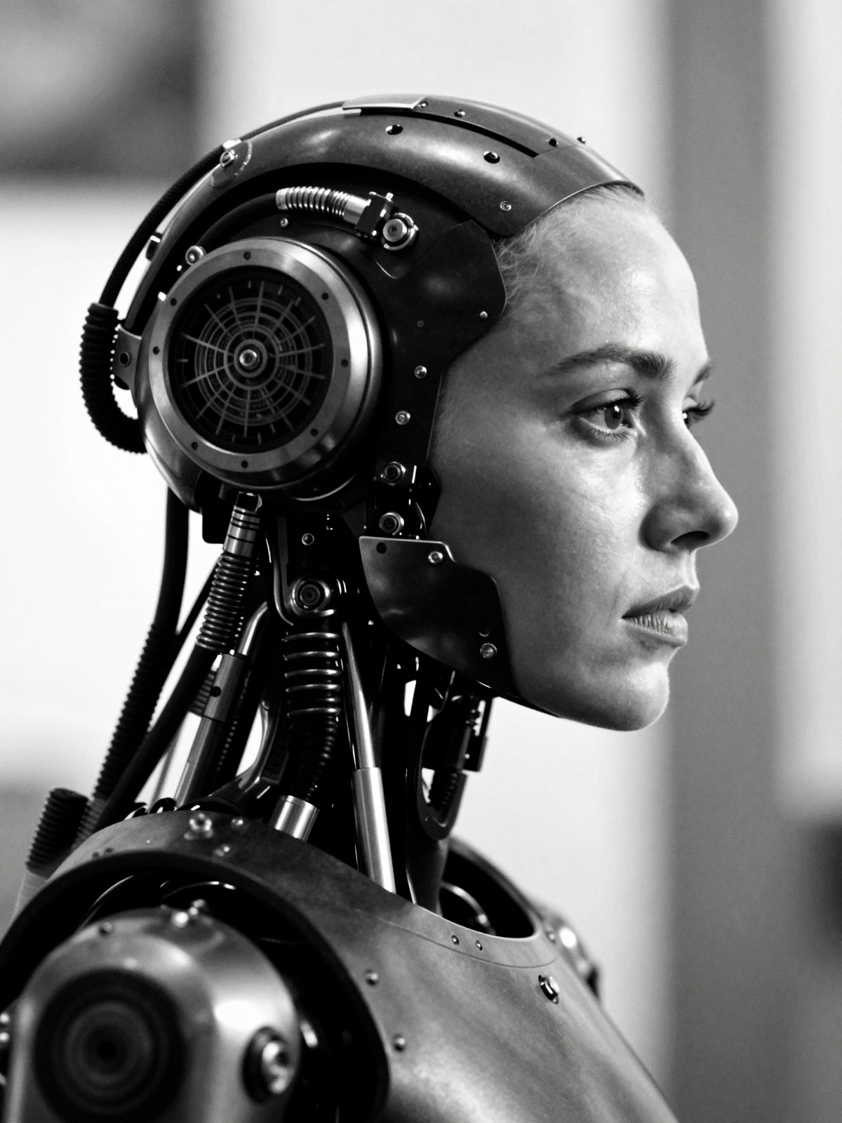 A cinematic scene is a close-up black and white portrait of a female robot head facing towards the right side of A cinemat...
