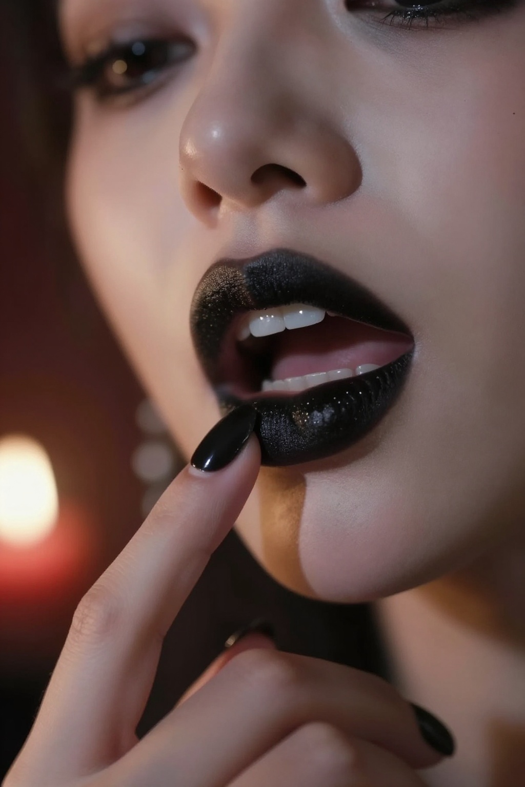 Extreme close-up of a woman’s parted lips,  black lipstick,  heavy goth eye makeup on Tensor.Art